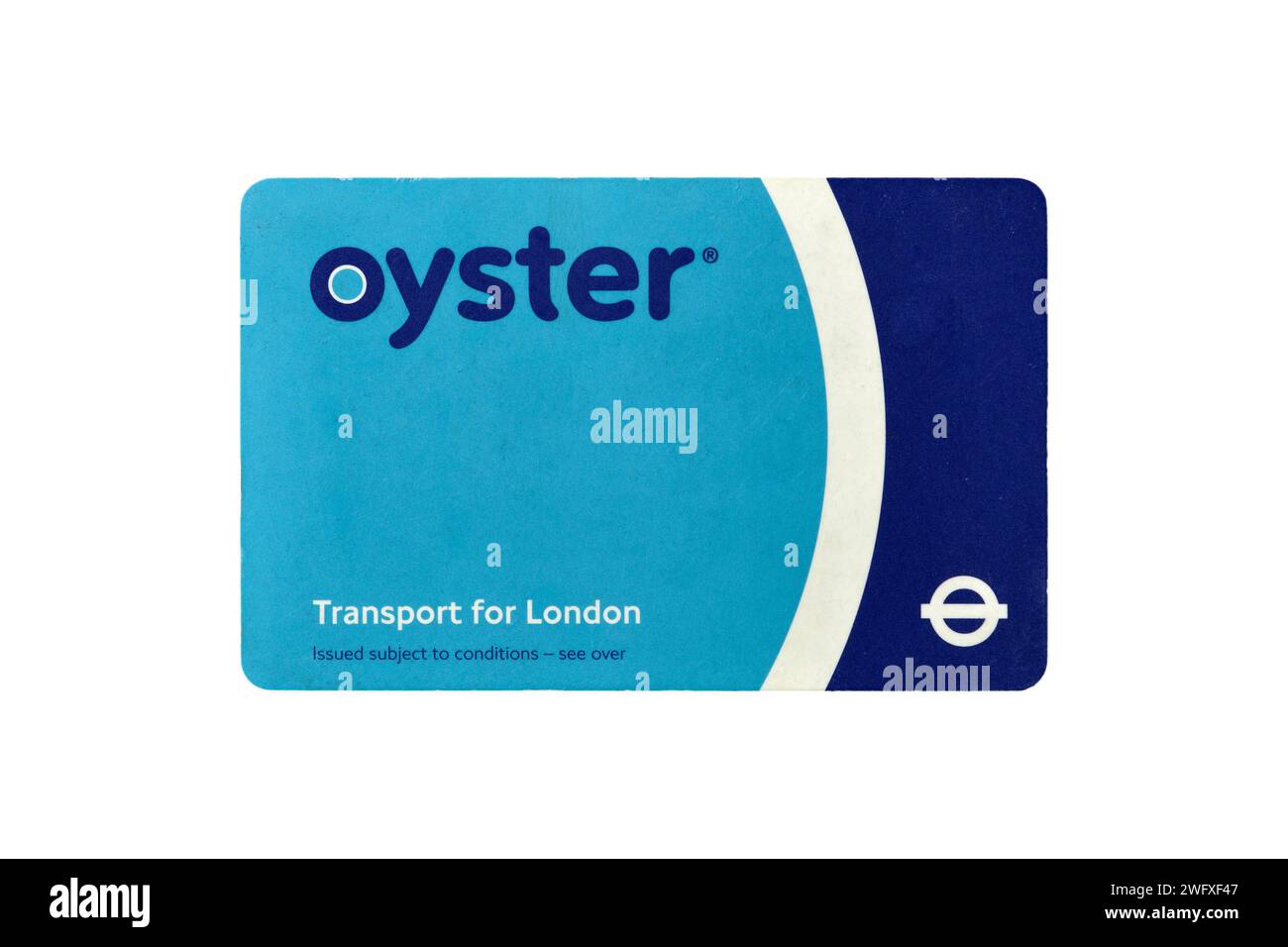 Used London public transport contactless smart travelcard Oyster card isolated on white Stock