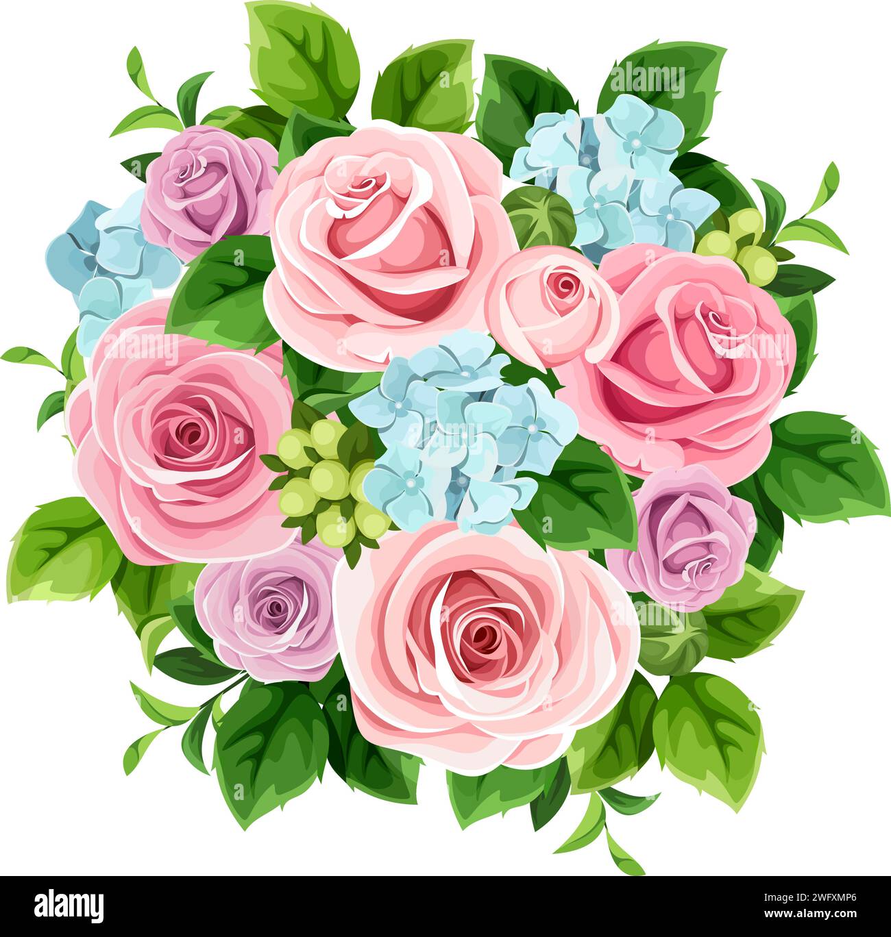 Bouquet of pink rose flowers and blue hydrangea flowers isolated on a white background. Vector floral bouquet Stock Vector