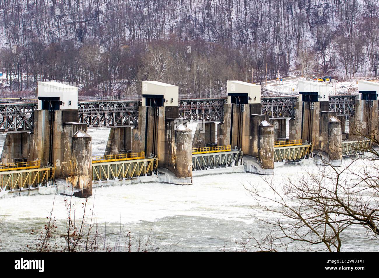 Icy waters on Ohio River flow through the Montgomery Locks and Dam in