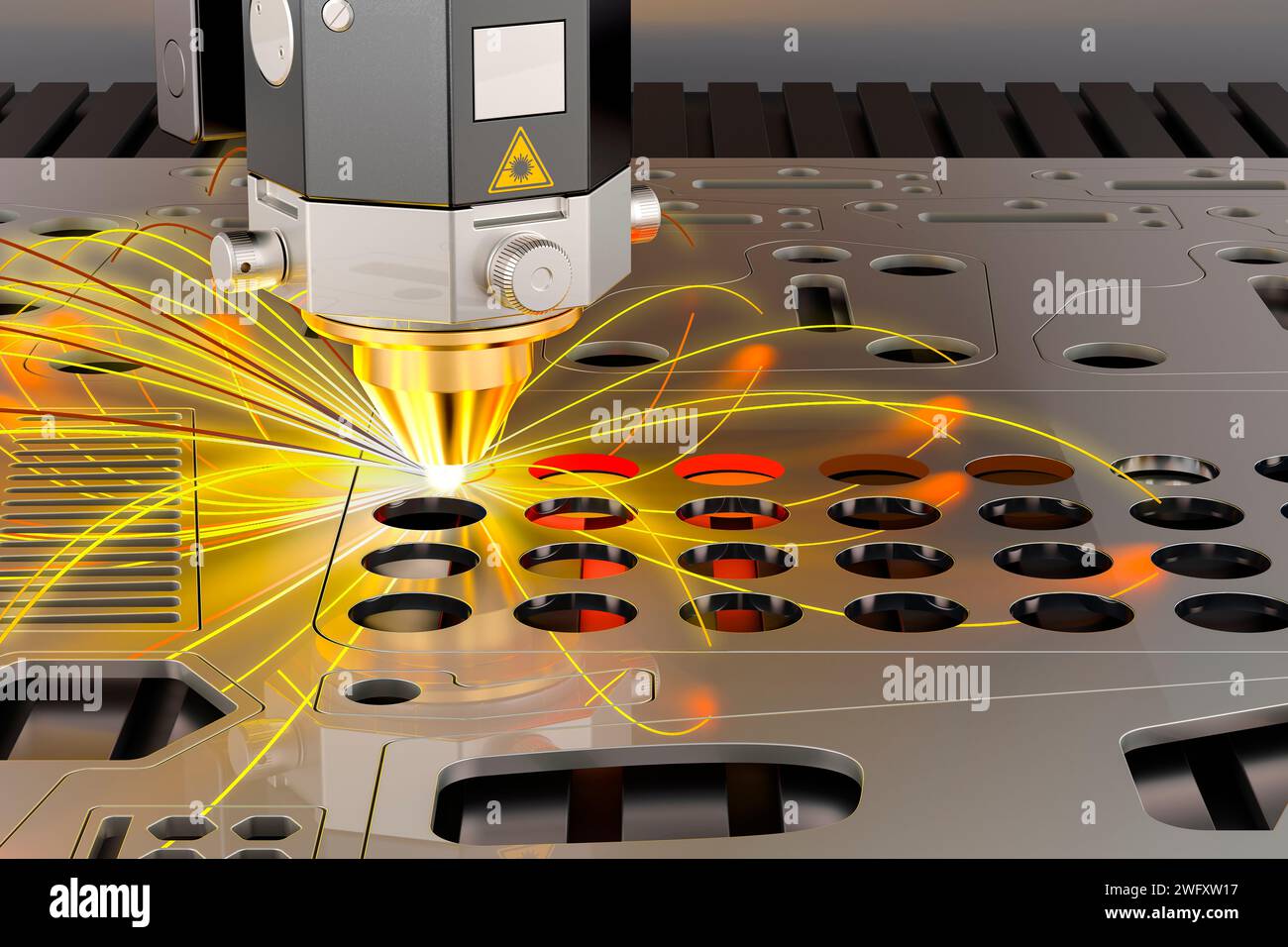 Laser cutting of metal steel sheet with sparks, 3D rendering Stock ...