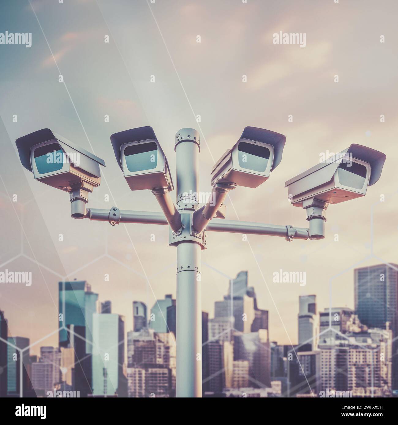 Camera surveillance system live monitoring. City street security