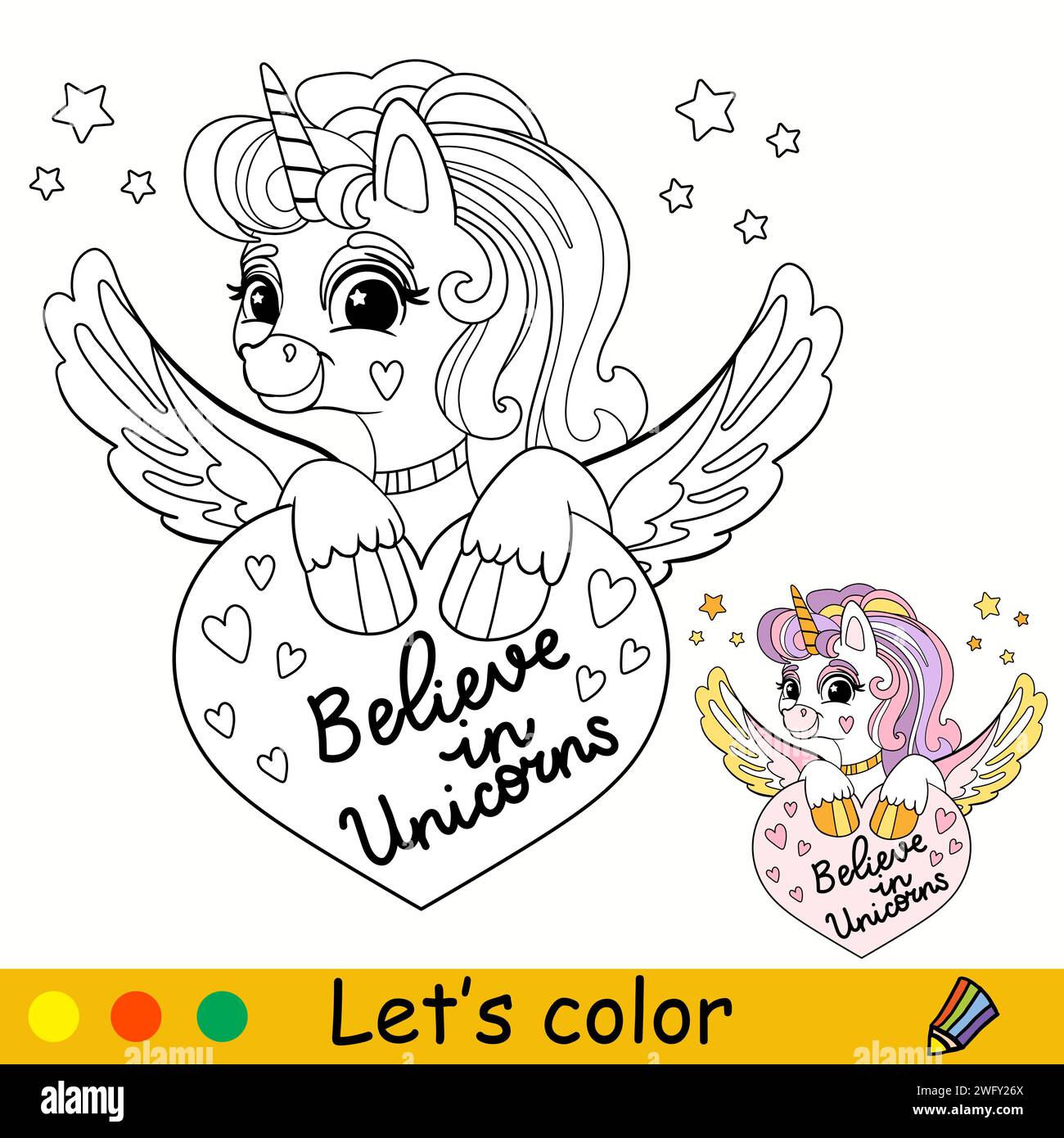 Cartoon cute magic unicorn with heart. Kids coloring book page. Unicorn ...