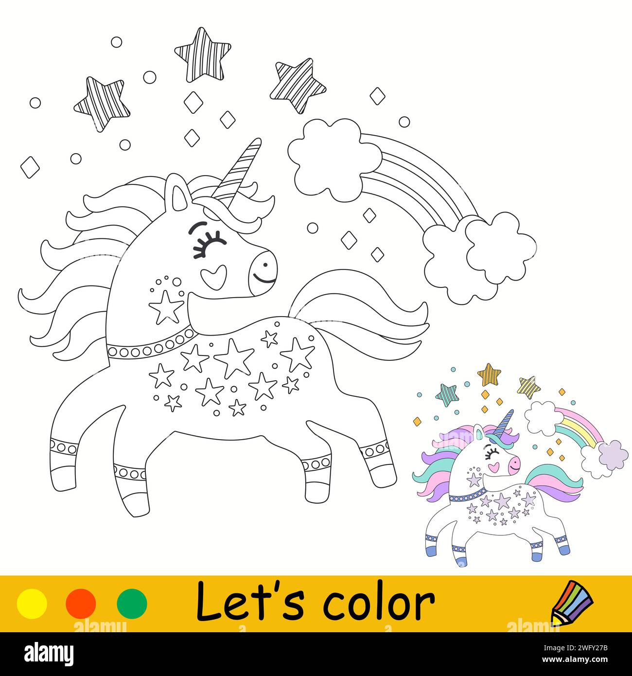 Cartoon cute unicorn with rainbow and stars. Kids coloring book page ...