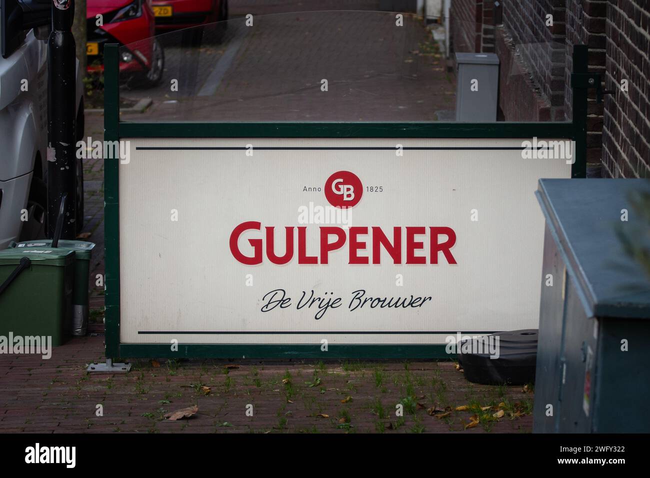 Picture of a sign with the logo of Gulpener beer taken on a bar in Vaals, Netherlands. Gulpener Bierbrouwerij BV is an independent Dutch brewery in Gu Stock Photo
