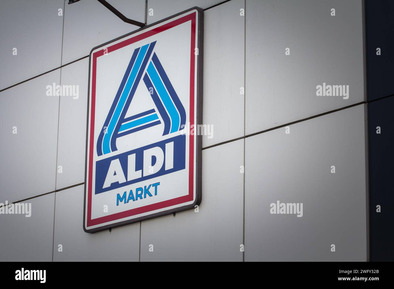 Picture of the Aldi Nord sign on one of their stores of Aachen, Germany. Aldi, or Albrecht Diskont, is a brand of two discount supermarket chains with Stock Photo