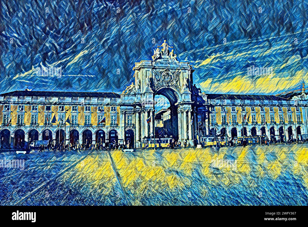 Pintura digital da Praça do Comércio em Lisboa - Portugal Stock Photo