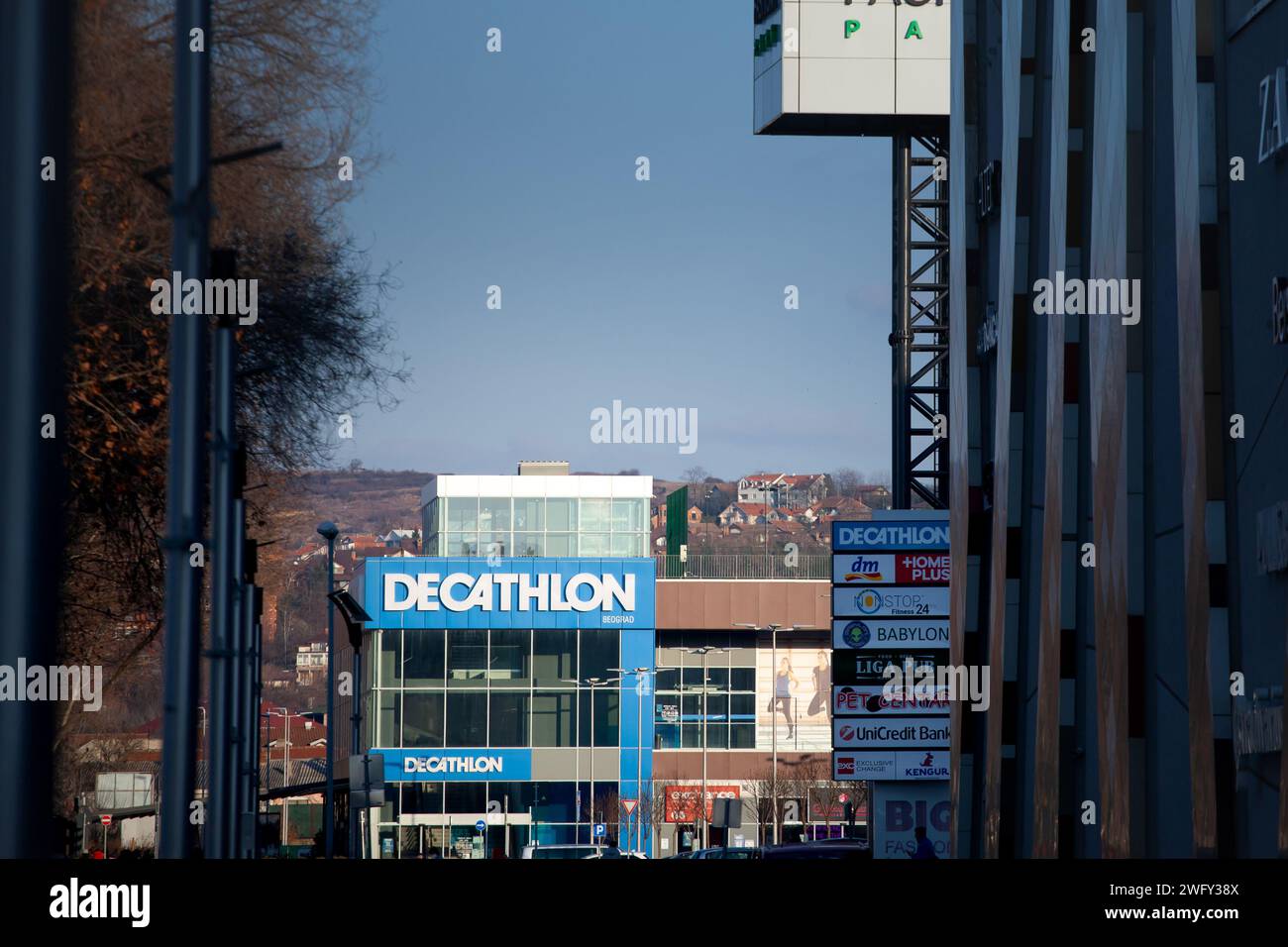 Picture of a sign with the logo of Decathlon on their store for Belgrade. Decathlon is a French sporting goods retailer. With over 2,080 stores in 56 Stock Photo