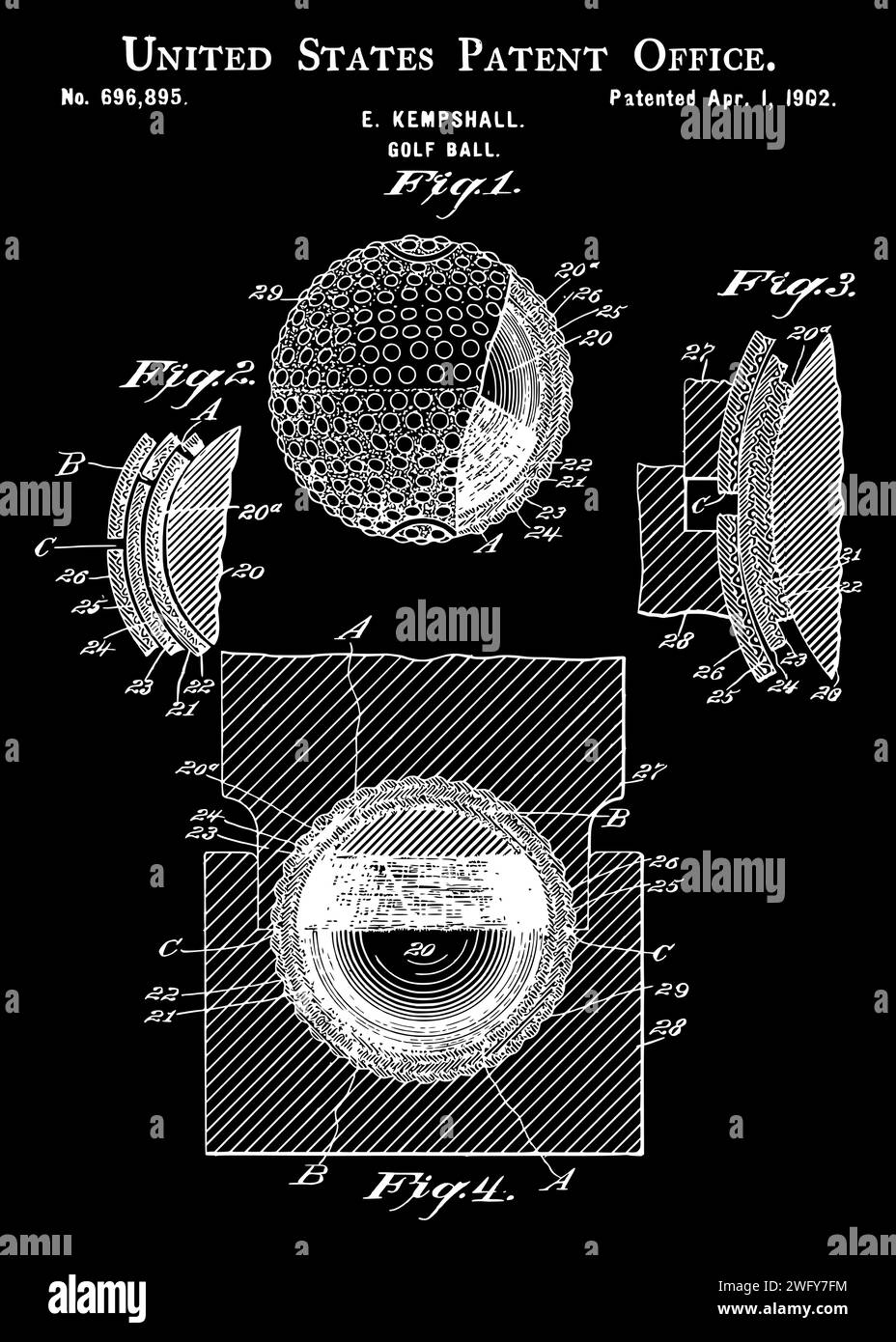 Patent Drawing for E. Kempshall's Golf Ball 1905 Stock Vector