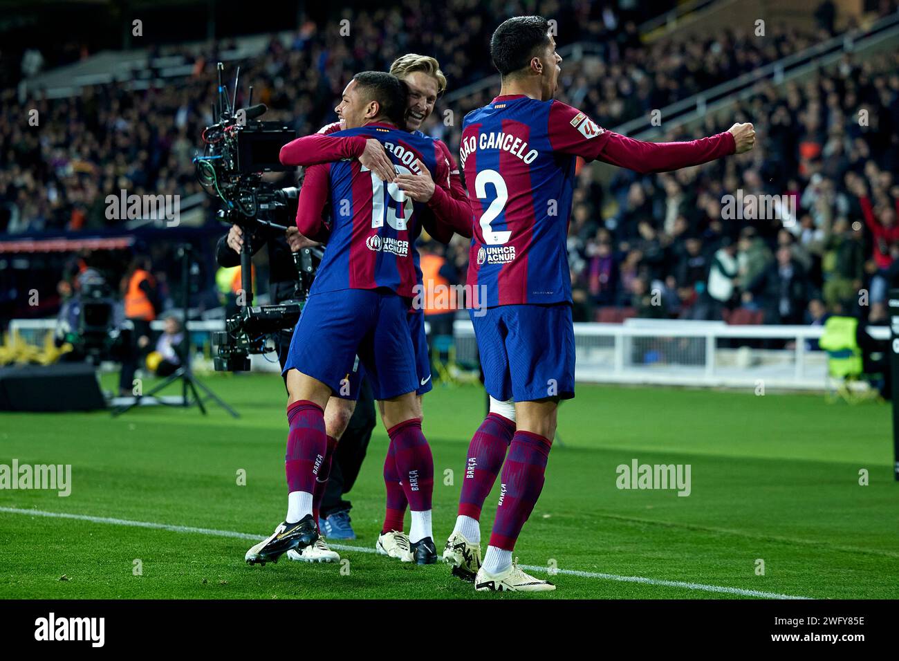 Barcelona, Spain. 31st Jan, 2024. BARCELONA, SPAIN - JANUARY 31: Vitor Roque of FC Barcelona celebrates his first ever goal as FC Barcelona player during the La Liga EA Sports match between FC Barcelona and CA Osasuna at the Estadi Olimpic Lluis Companys on January 31, 2024 in Barcelona, Spain. Credit: DAX Images/Alamy Live News Stock Photo