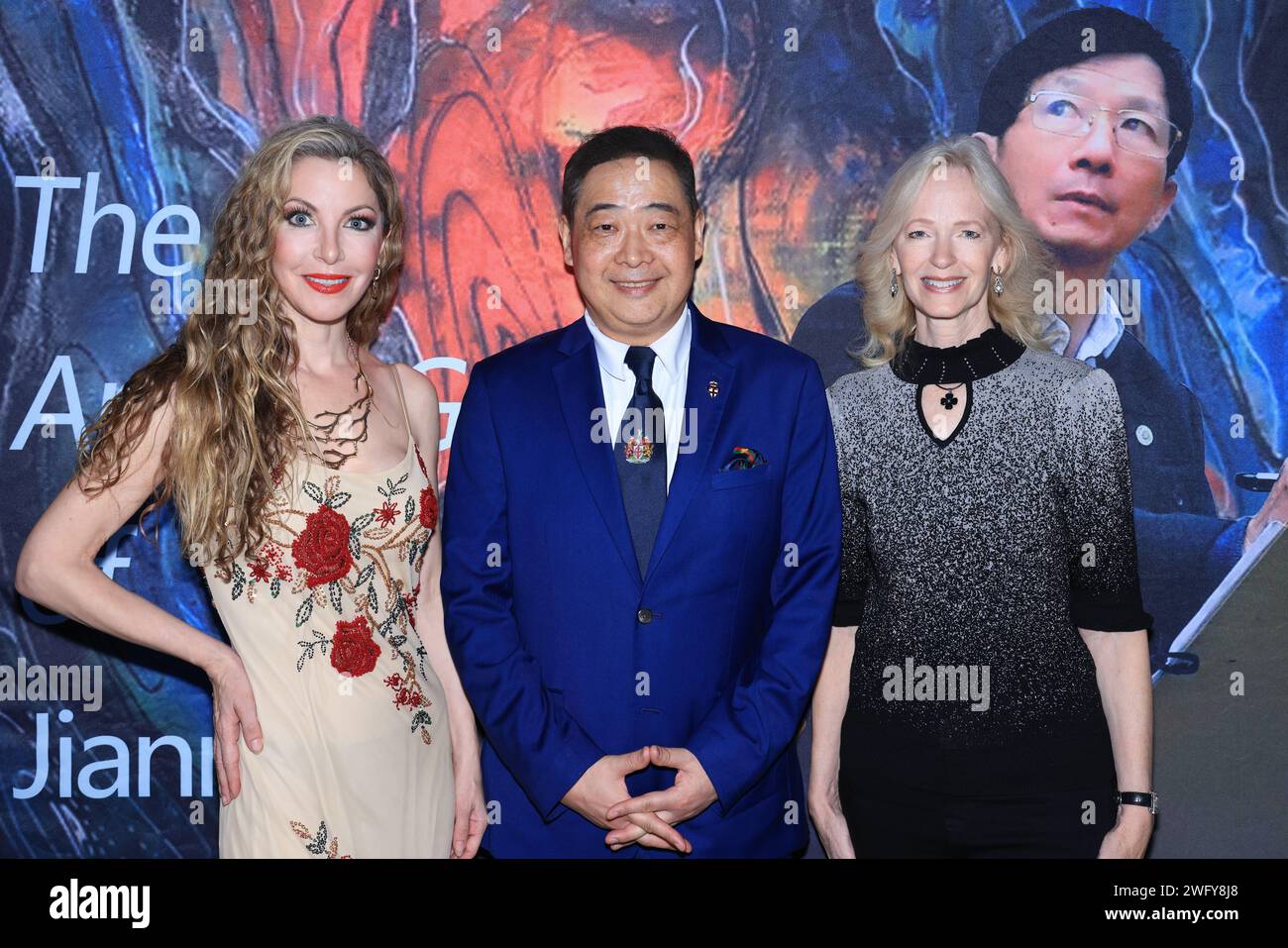 Rancho Cucamonga, California, USA. 29th January, 2024. Actress/model Dustin Quick, TV host Joey Zhou, and producer Kim Holland attending Shennel Trading Group Celebrates Artist Jiannan Huang's Collaboration with Courvoisier's 2024 Lunar New Year Collection for Year of the Dragon.  Credit: Sheri Determan Stock Photo