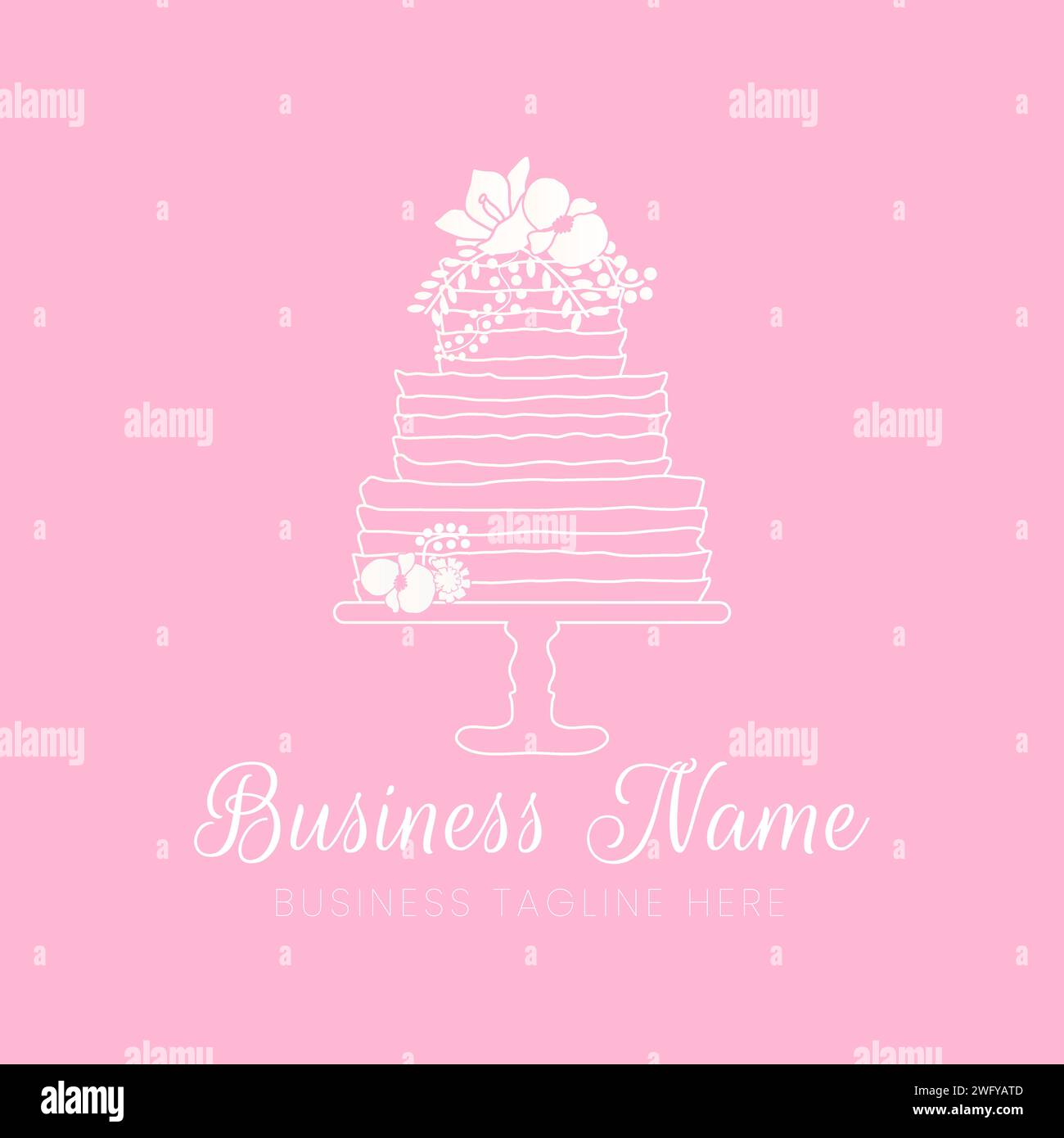 Pink Cake Outline Logo for Bakery in Minimal Clean Style with Flowers Stock Vector