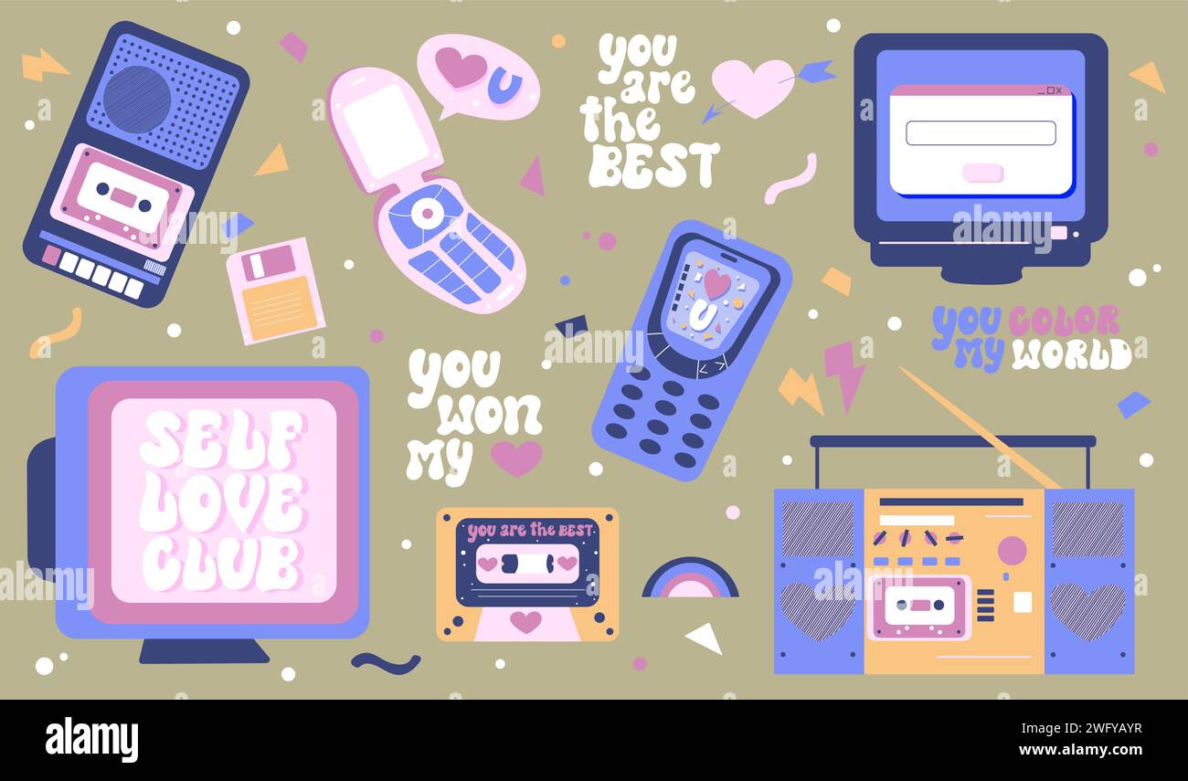 Hand drawn set of retro devices in love and self love concept. Vectro y2k computer, cassette, phone, record player. Stock Vector
