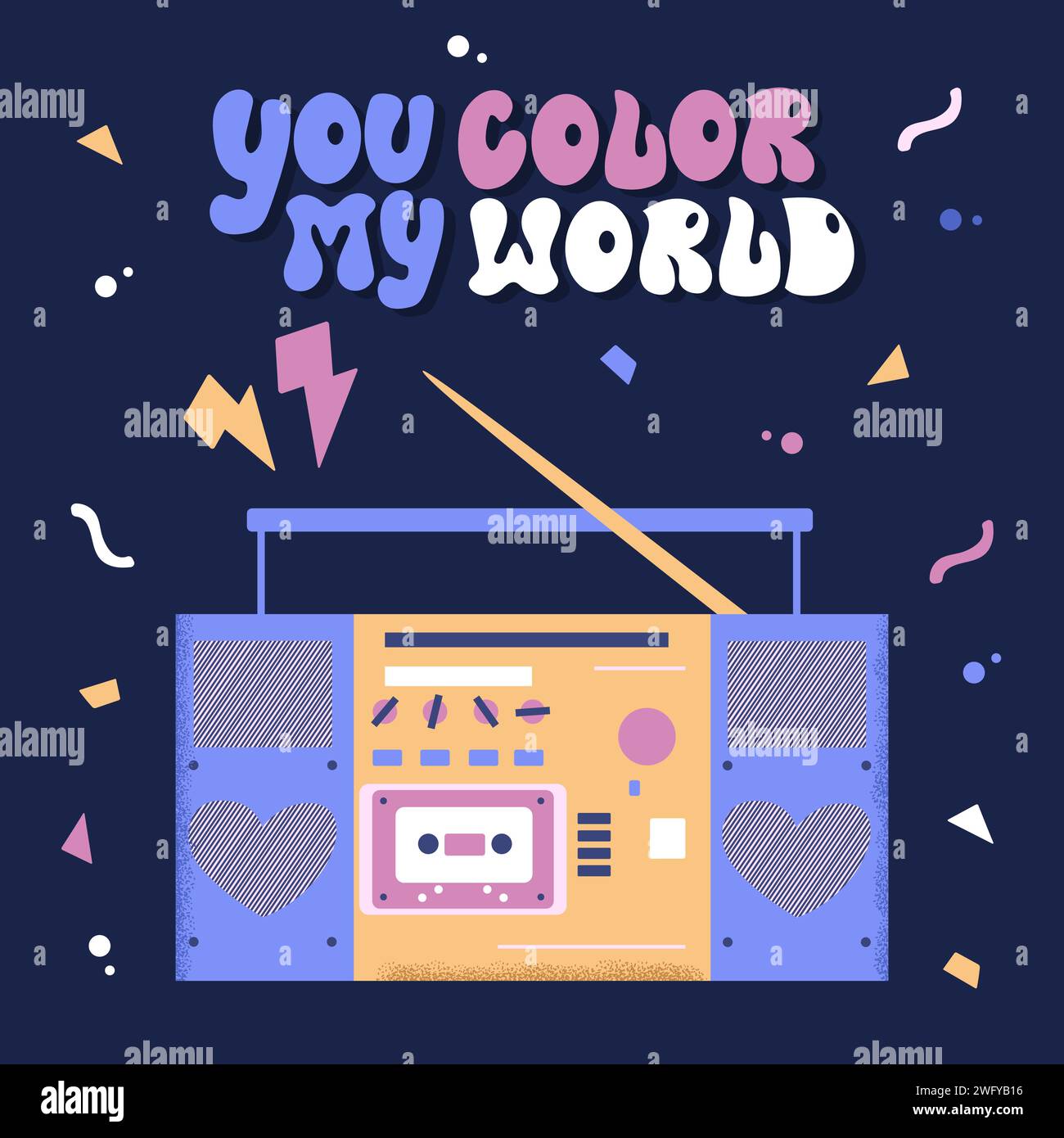 Colourful card with retro record player. You color my world. Hand drawn vector valentine design. Stock Vector