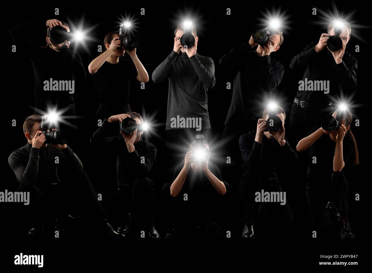 Group of photographers with cameras on black background. Paparazzi ...