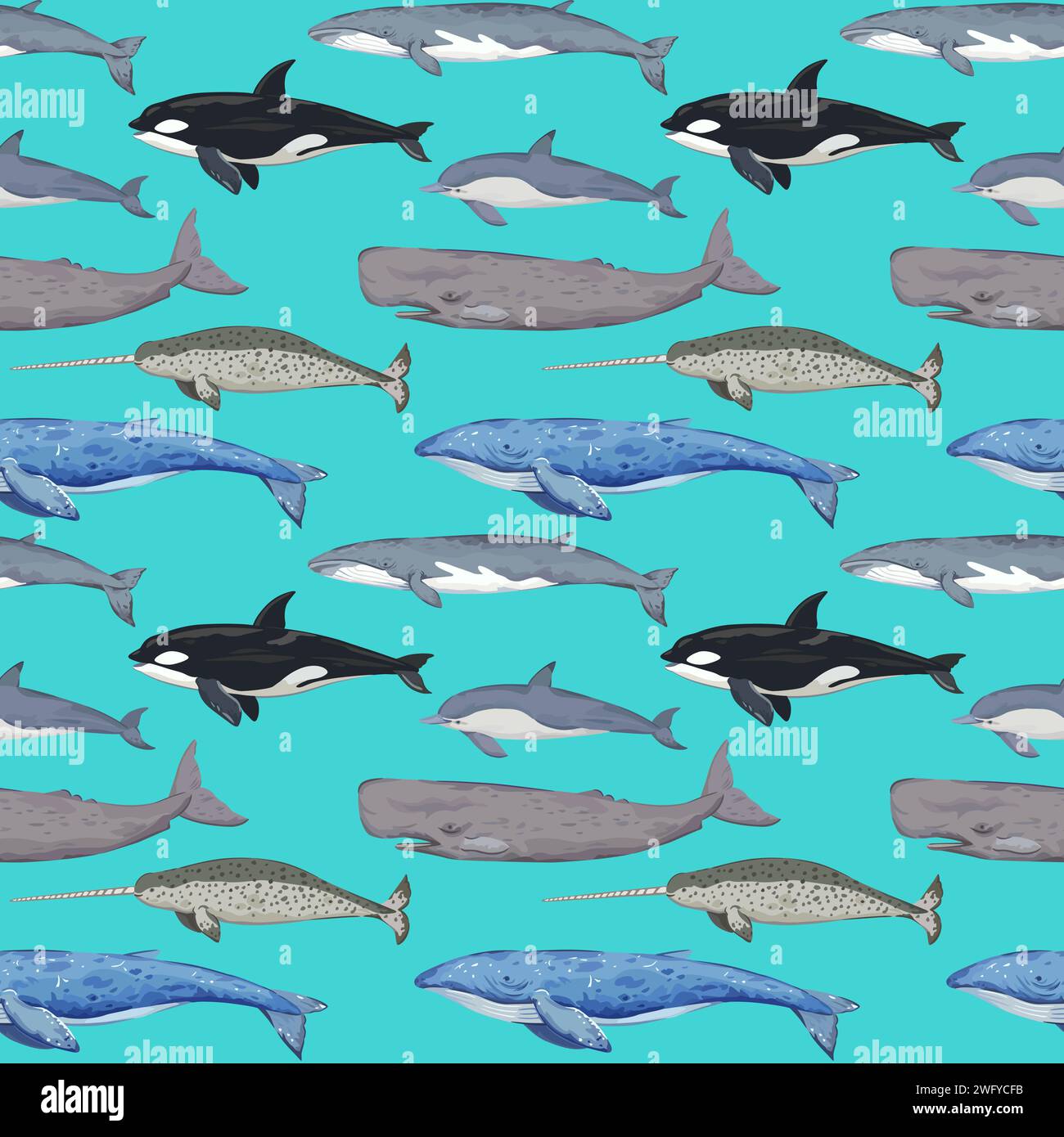 Seamless pattern with various whales. Hand-drawn detailed print. Vector illustration for design. Stock Vector
