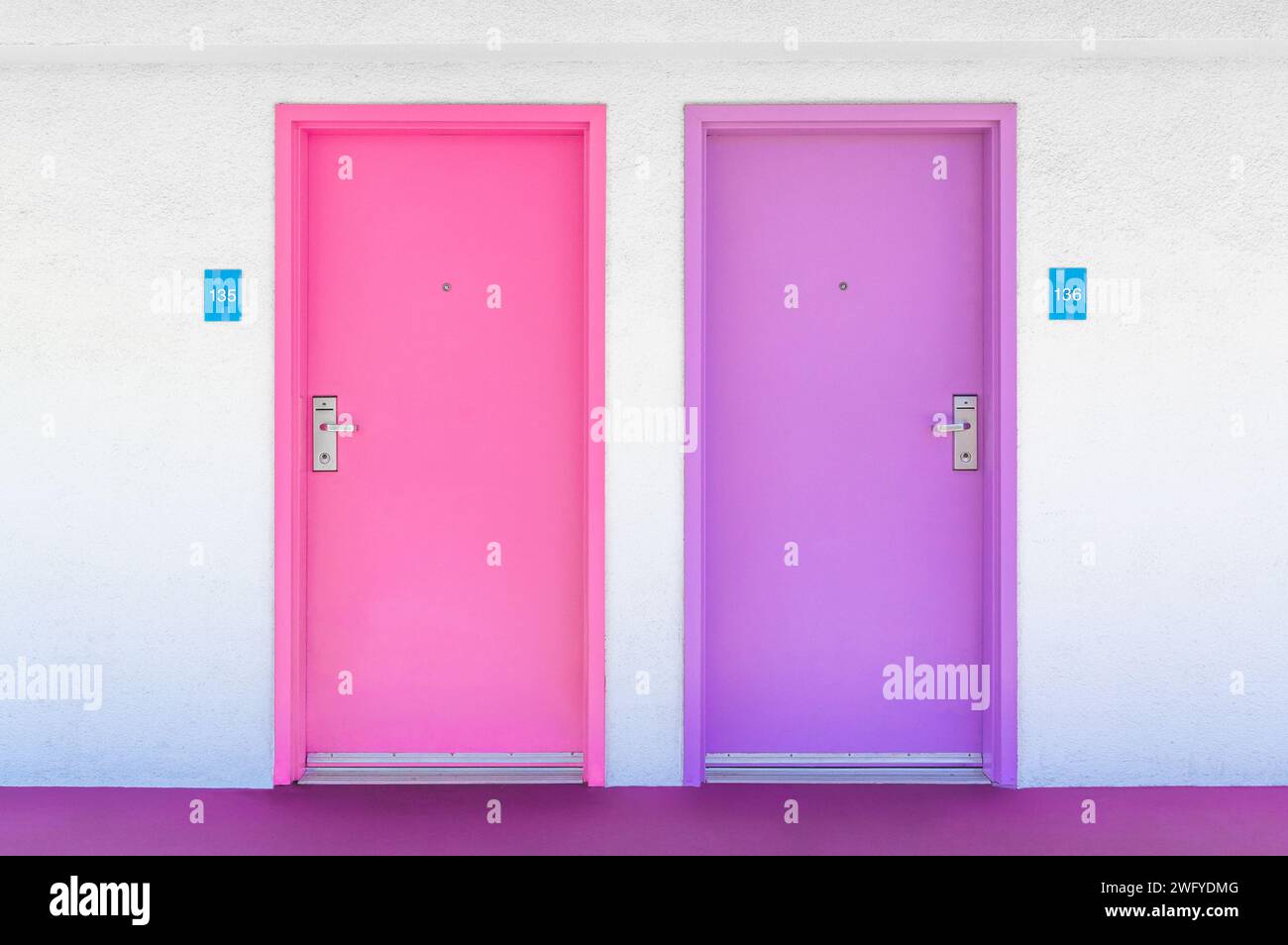 Pink and purple hotel doors in Palm Springs, California Stock Photo