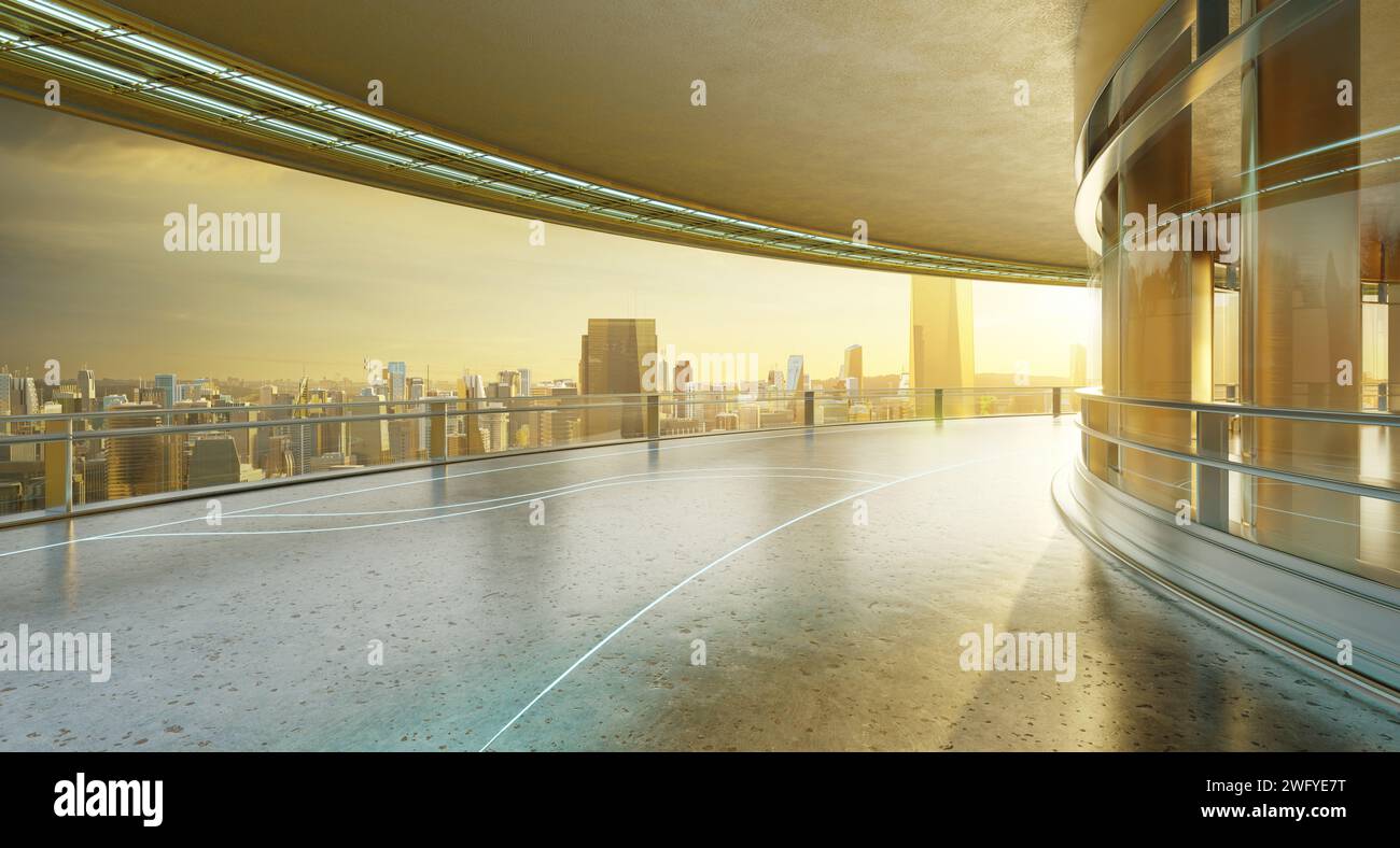 Panoramic view of futuristic curved shapes design metal facade office exterior with stunning sunrise city skyline. 3D rendering Stock Photo