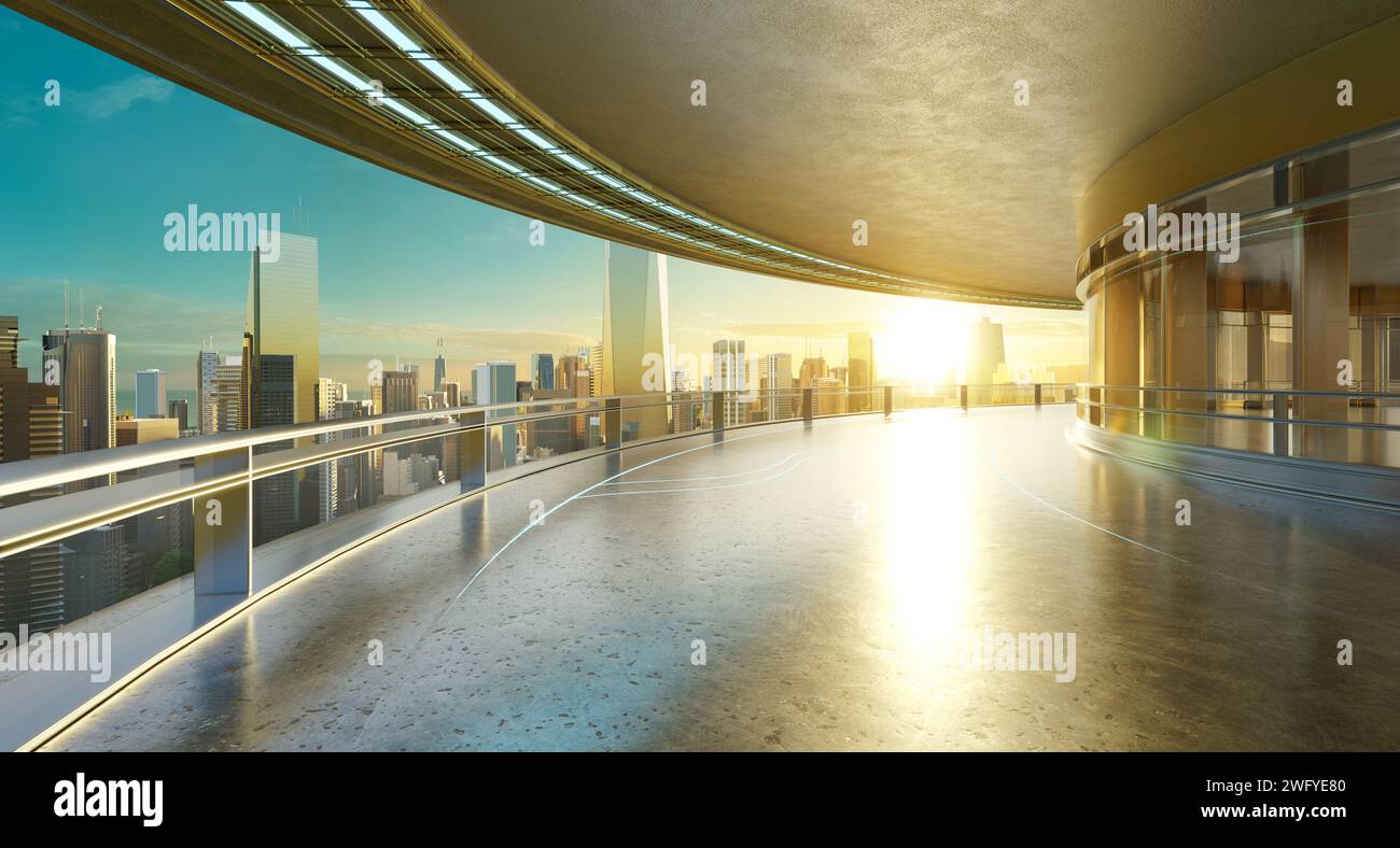 Panoramic view of futuristic curved shapes design metal facade office exterior with stunning sunrise city skyline. 3D rendering Stock Photo