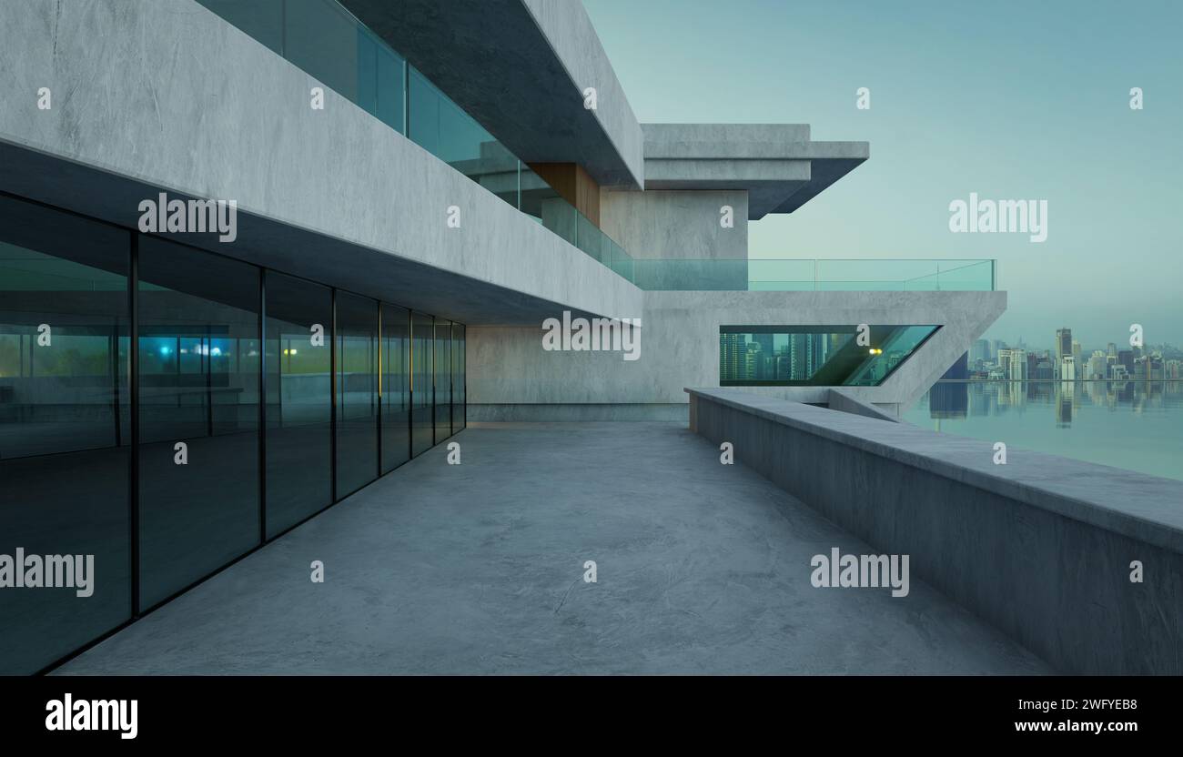 Contemporary square shape design modern Architecture building exterior with glass, concrete and steel element. Early morning scene. Photorealistic 3D Stock Photo