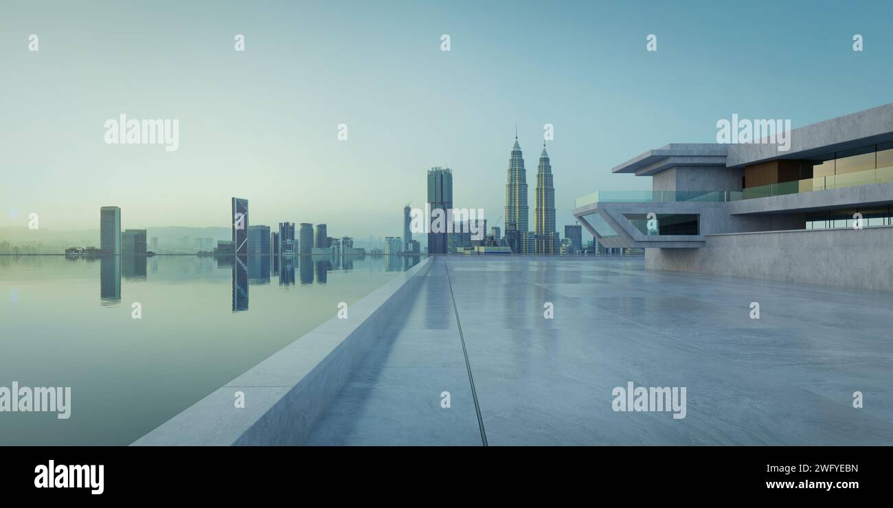 Contemporary square shape design modern Architecture building exterior with glass, concrete and steel element. Early morning scene. Photorealistic 3D Stock Photo