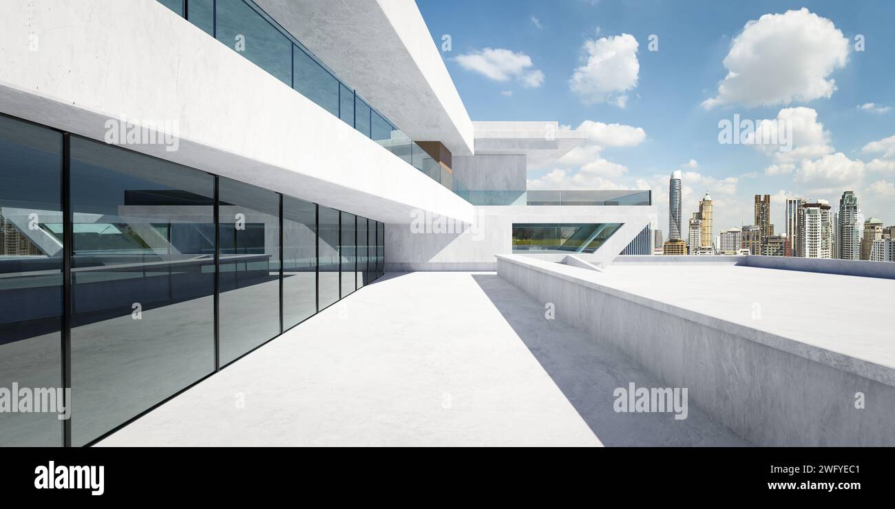 Contemporary square shape design modern Architecture building exterior with glass, concrete and steel element. Afternoon scene. Photorealistic 3D rend Stock Photo