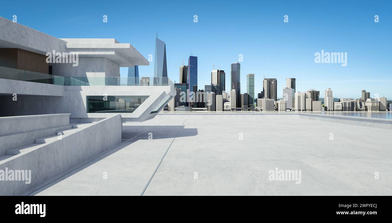 Contemporary square shape design modern Architecture building exterior with glass, concrete and steel element. Afternoon scene. Photorealistic 3D rend Stock Photo