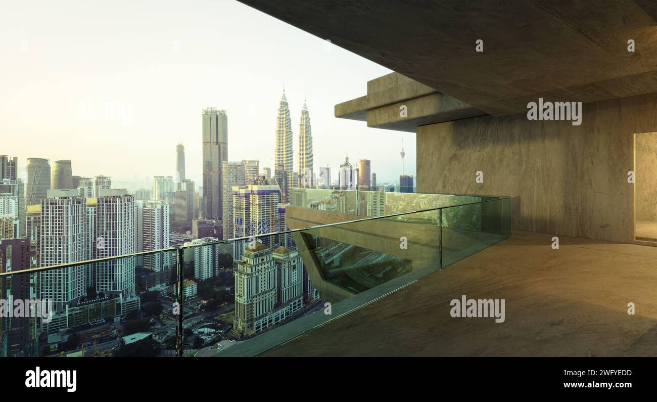 Cityscape view in balcony outside office glass railing. 3D rendering Stock Photo