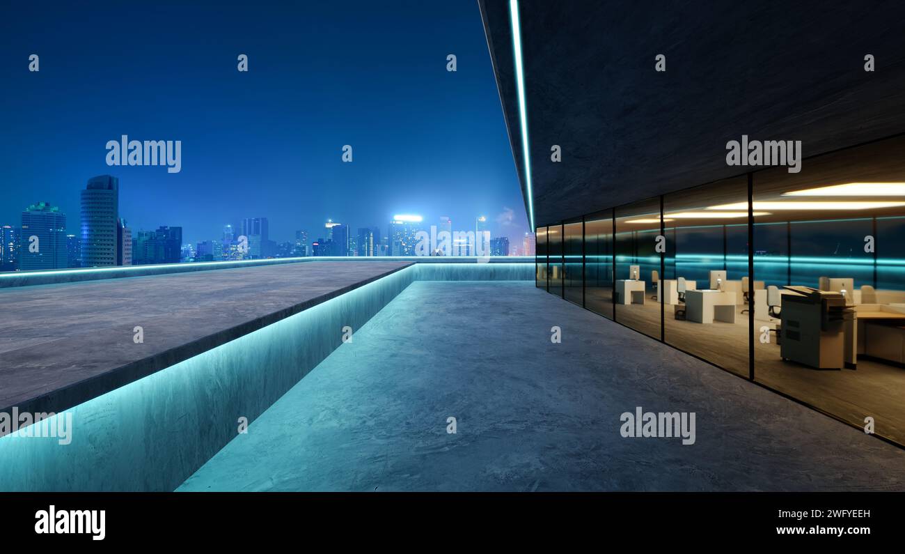 Contemporary square shape design modern Architecture building exterior with glass, concrete and steel element. Night scene. 3D rendering. Stock Photo