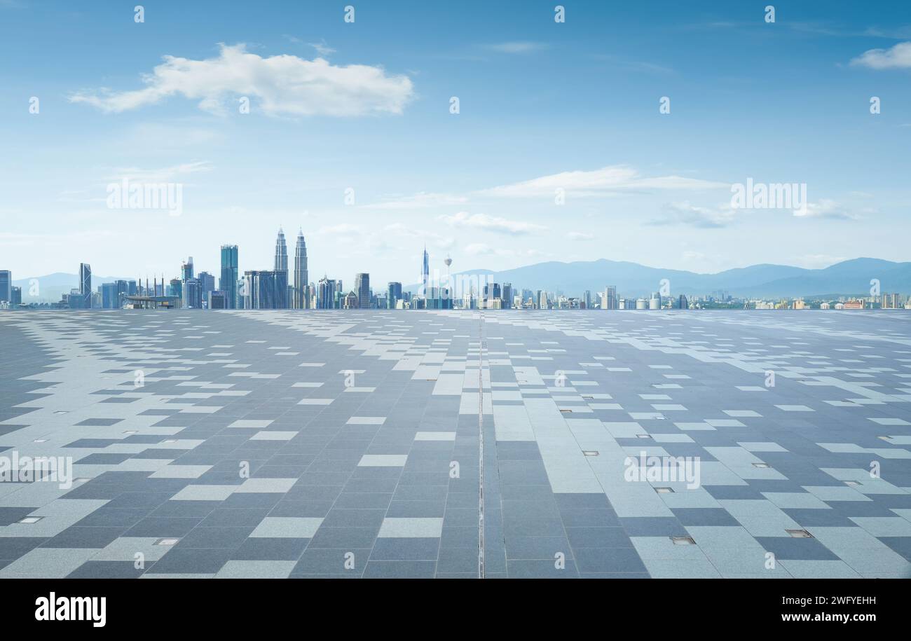 Empty square marble floor with city skyline background Stock Photo