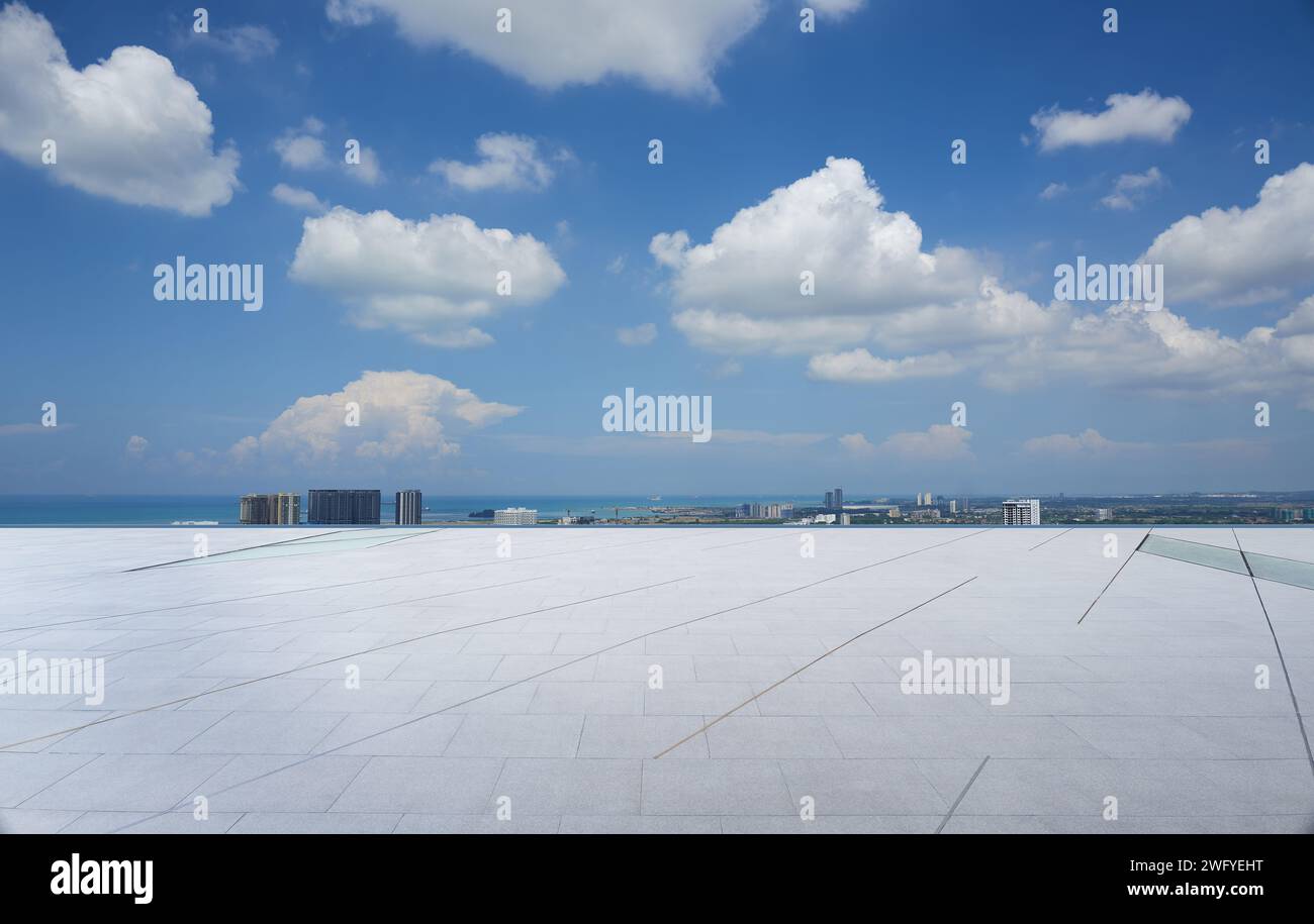 Empty floor with city skyline background Stock Photo