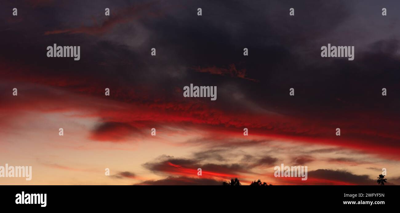 Panoramic dusk cloudscape, colorful clouds. Stock Photo
