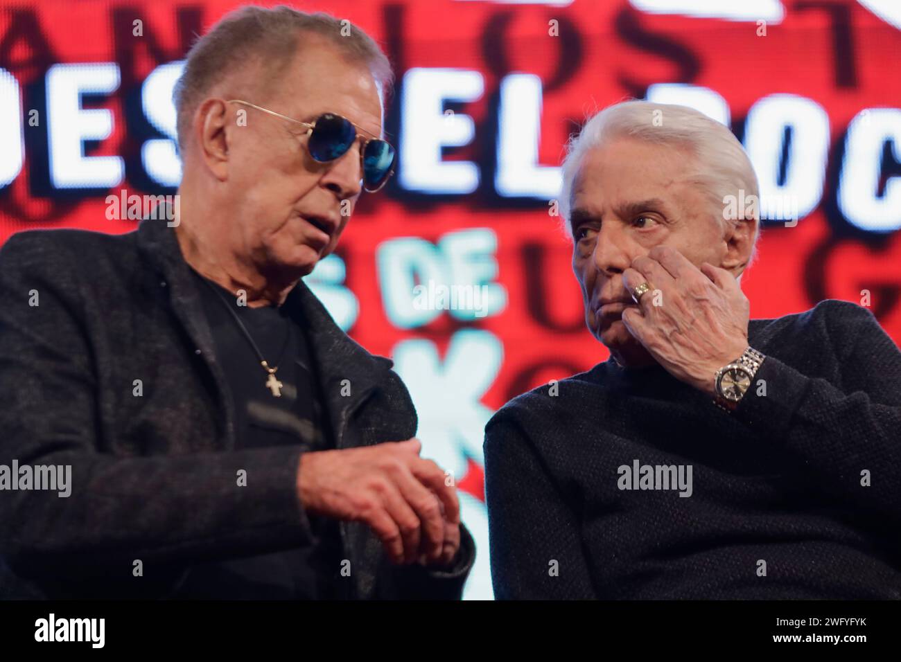 Mexico City, Mexico. 01st Feb, 2024. Roberto Jordan (l) and Enrique Guzman (r), singers and members of La Caravana del Rock & Roll, are announcing an upcoming concert on the occasion of the Day of Love and Friendship during a press conference at the Lunario of the National Auditorium in Mexico City. (Photo by Gerardo Vieyra/NurPhoto)0 Credit: NurPhoto SRL/Alamy Live News Stock Photo