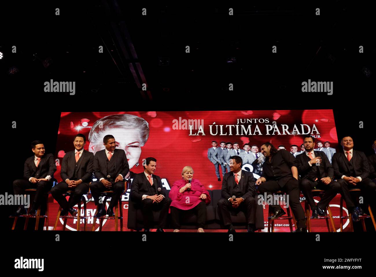 Mexico City, Mexico. 01st Feb, 2024. Paquita La Del Barrio, a Mexican ranchero singer and advocate for women, is announcing an upcoming concert with members of La Sonora Santanera and Maria Fernanda during a press conference at the Lunario of the National Auditorium in Mexico City, on the occasion of the Day of Love and Friendship. (Photo by Gerardo Vieyra/NurPhoto) Credit: NurPhoto SRL/Alamy Live News Stock Photo