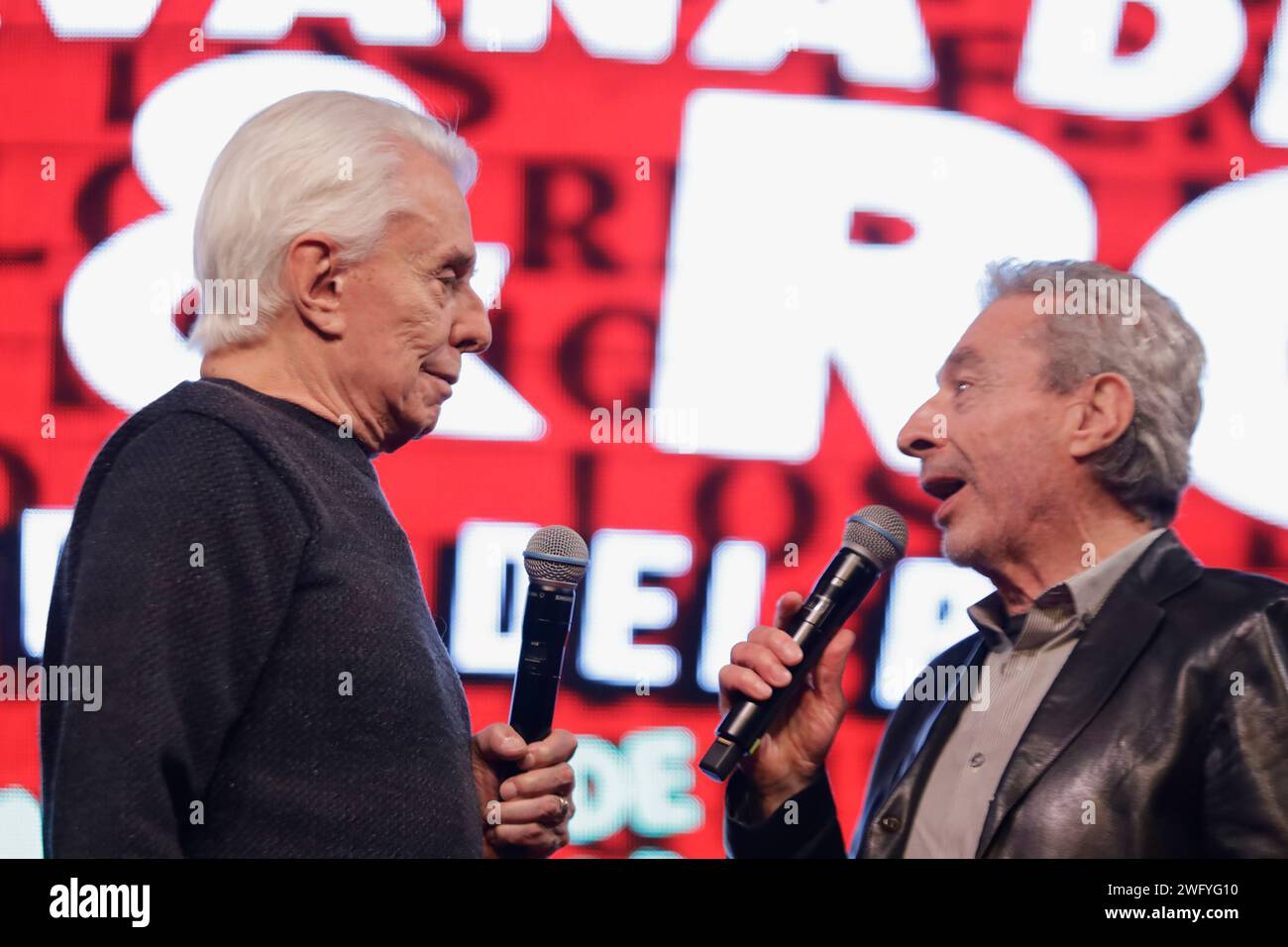 Mexico City, Mexico. 01st Feb, 2024. Enrique Guzman (left) and Cesar Costa (right), members of La Caravana del Rock & Roll, are speaking at a press conference at the Lunario of the National Auditorium in Mexico City, announcing their upcoming concert for the Day of Love and Friendship. (Photo by Gerardo Vieyra/NurPhoto)0 Credit: NurPhoto SRL/Alamy Live News Stock Photo