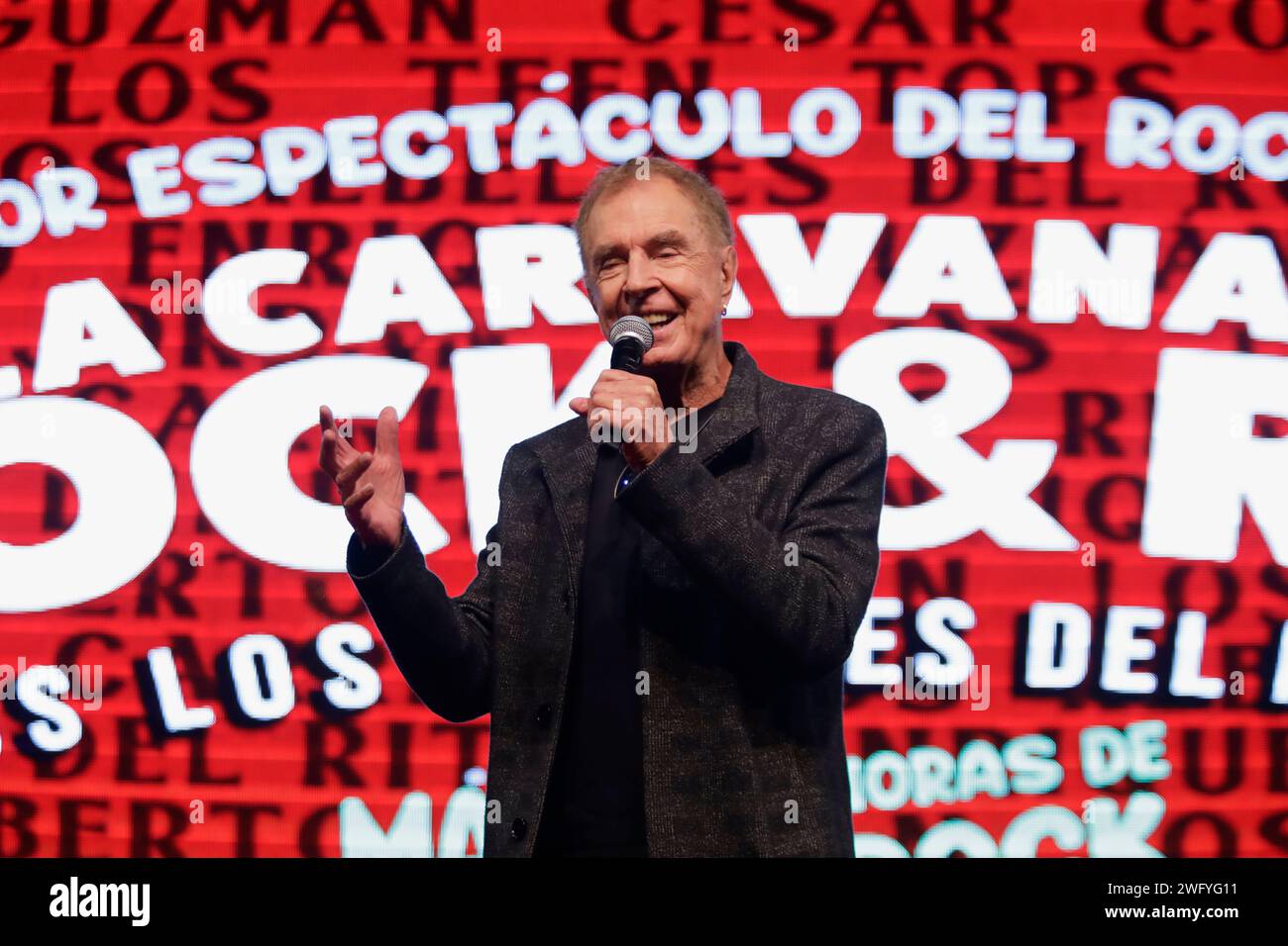Mexico City, Mexico. 01st Feb, 2024. Roberto Jordan, singer and member of La Caravana del Rock & Roll, is speaking during a press conference at the Lunario of the National Auditorium in Mexico City, announcing the upcoming concert for the Day of Love and Friendship. (Photo by Gerardo Vieyra/NurPhoto)0 Credit: NurPhoto SRL/Alamy Live News Stock Photo