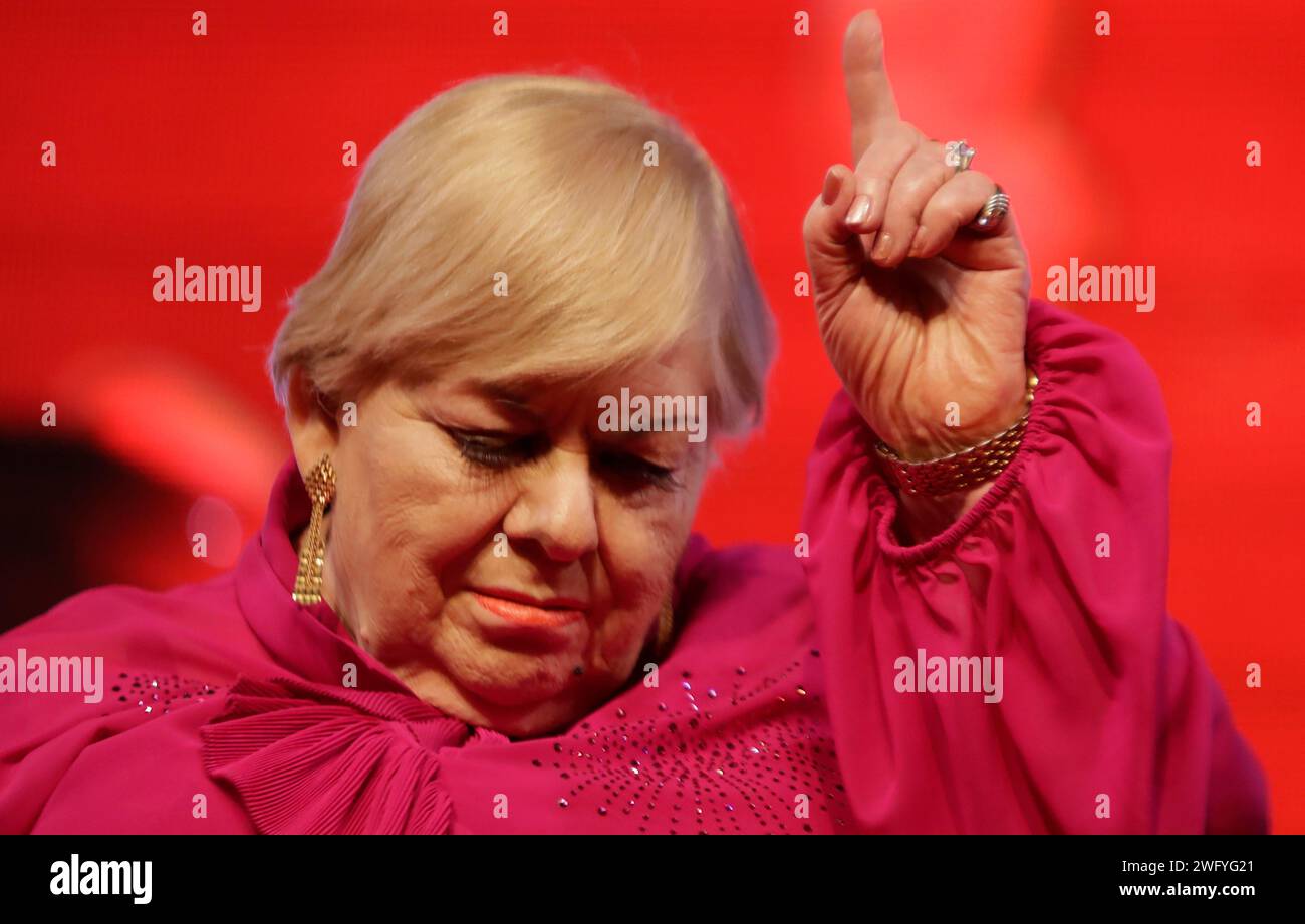 Mexico City, Mexico. 01st Feb, 2024. Paquita La Del Barrio, a Mexican ranchero singer and advocate for women's rights, is announcing an upcoming concert with La Sonora Santanera and Maria Fernanda during a press conference at the Lunario of the National Auditorium in Mexico City, on the occasion of the Day of Love and Friendship. (Photo by Gerardo Vieyra/NurPhoto) Credit: NurPhoto SRL/Alamy Live News Stock Photo