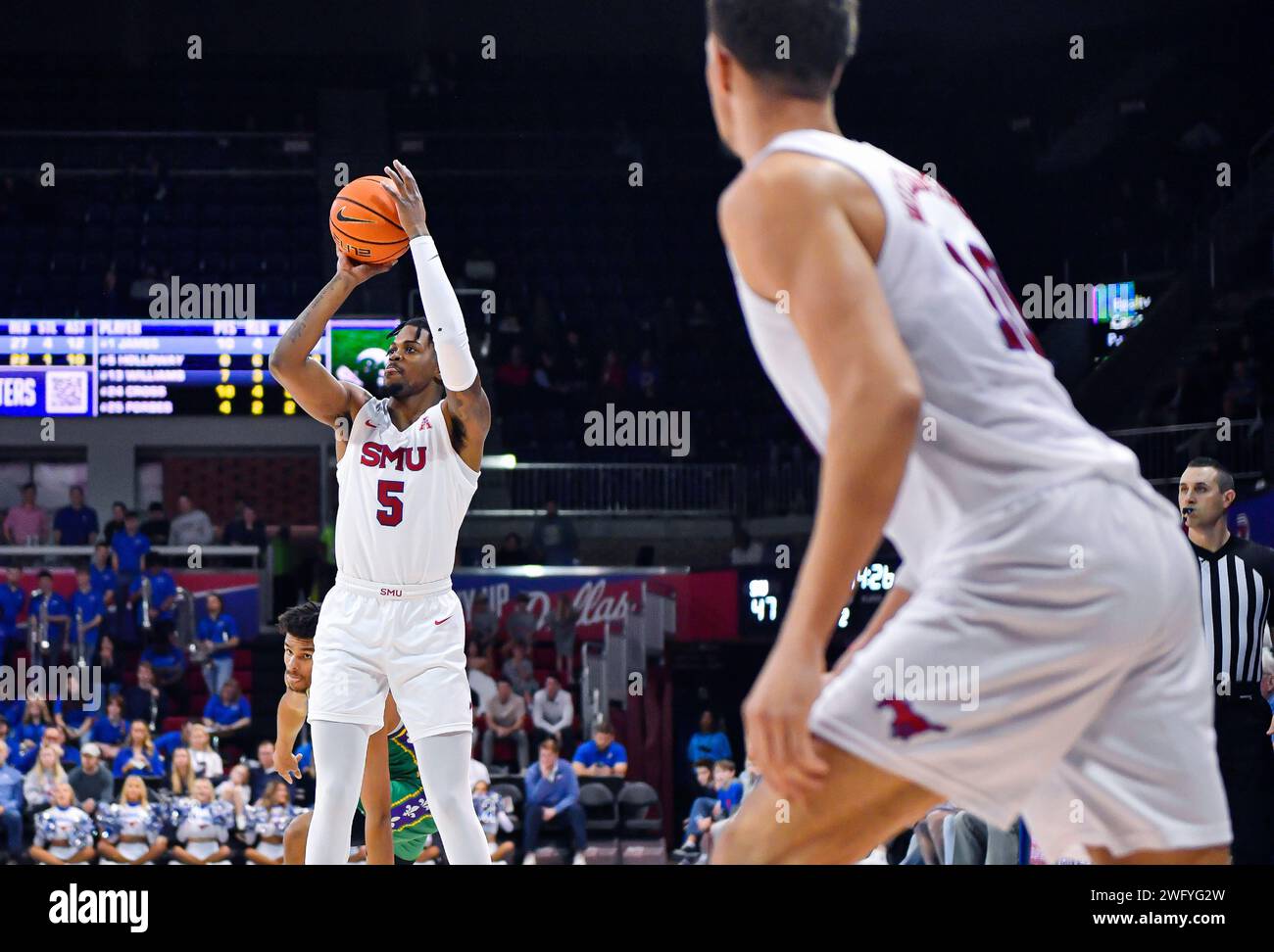 Dallas, TX, USA. 01st Feb, 2024. SMU Mustangs guard Ricardo Wright attempts a shot during the second half of a college basketball game against the Tulane Green Wave at Moody Coliseum in Dallas, TX. Austin McAfee/CSM/Alamy Live News Stock Photo