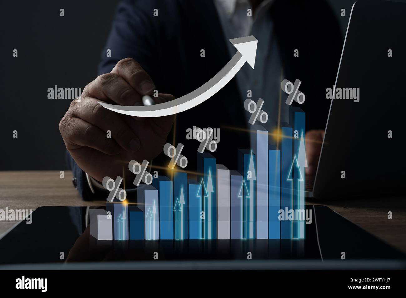 Digital Business Professional Analyzing Graph on Tablet with Interactive Screen Display Stock Photo