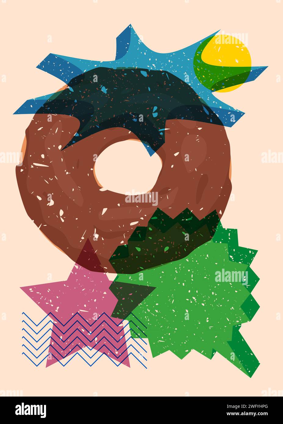 Risograph Doughnut, Sweet Food with speech bubble with geometric shapes. Dessert in trendy riso graph print texture style design with geometry element Stock Vector