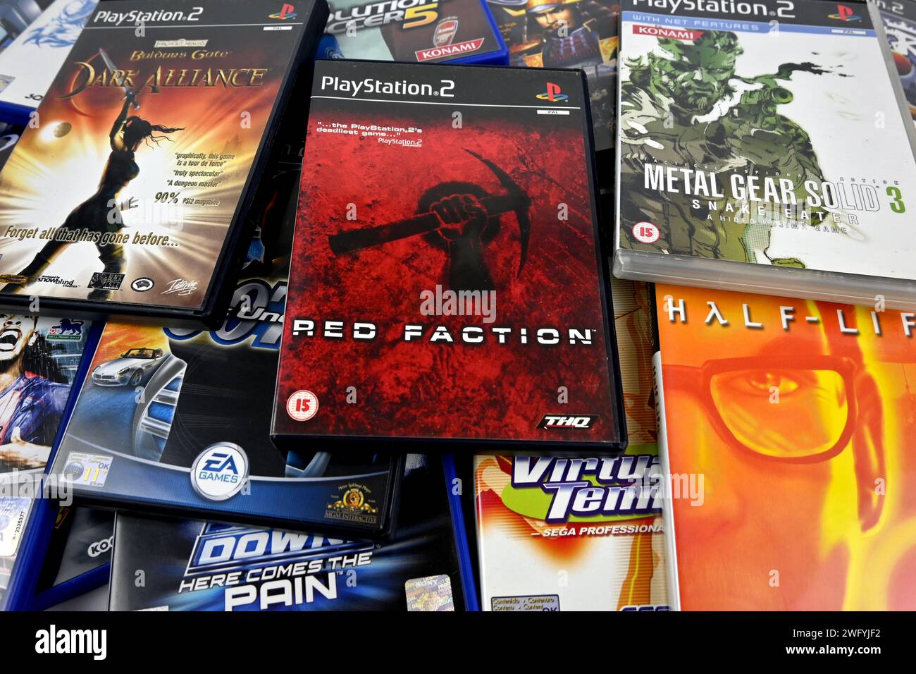 PS2 playstation 2 box covers video games – Wales, UK  –  31 January 2024 Stock Photo