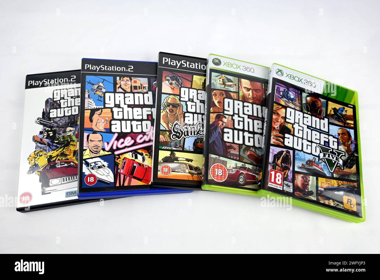 GTA Grand Theft Auto game series (3, vice city, san andreas, 4 and 5) on playstation xbox – Wales, UK  –  31 January 2024 Stock Photo
