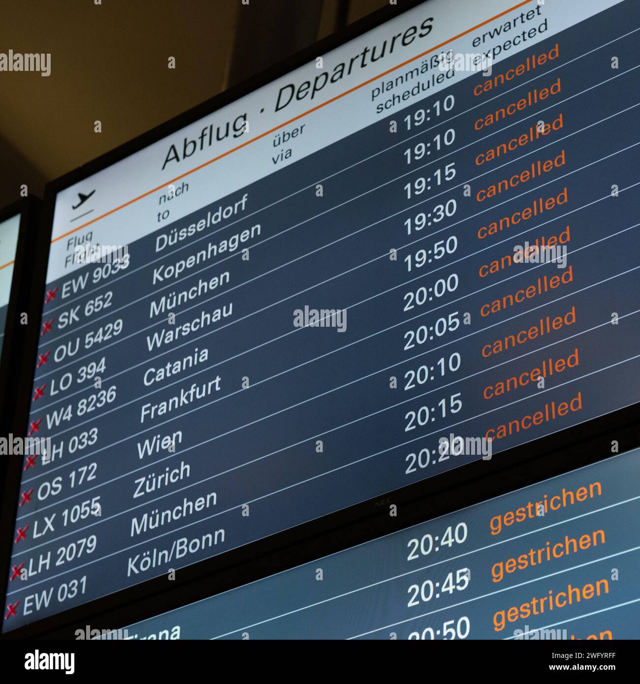 Hamburg, Germany, February 1, 2025 Display board with suspended or