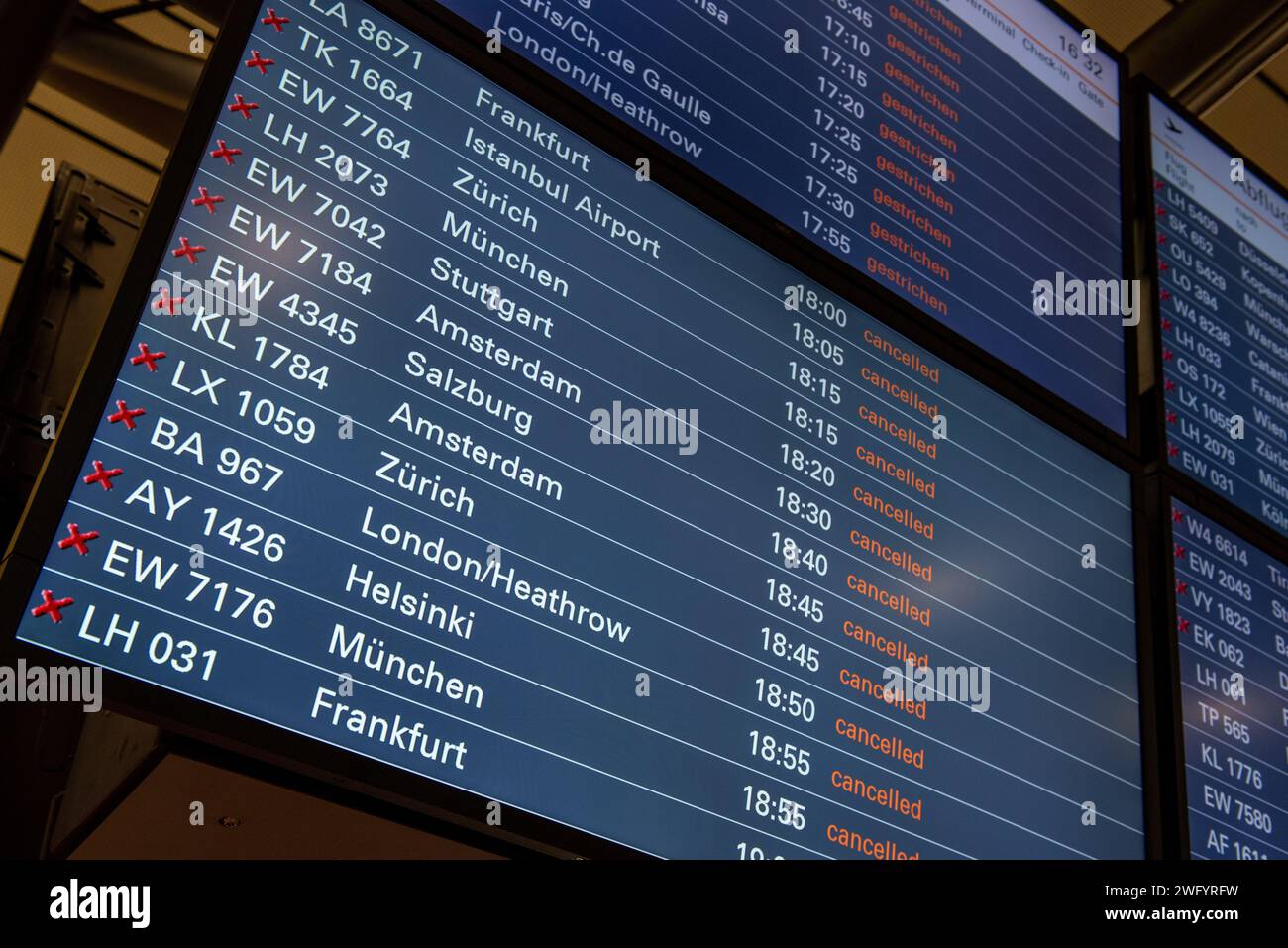 Hamburg, Germany, February 1, 2025 Display board with suspended or