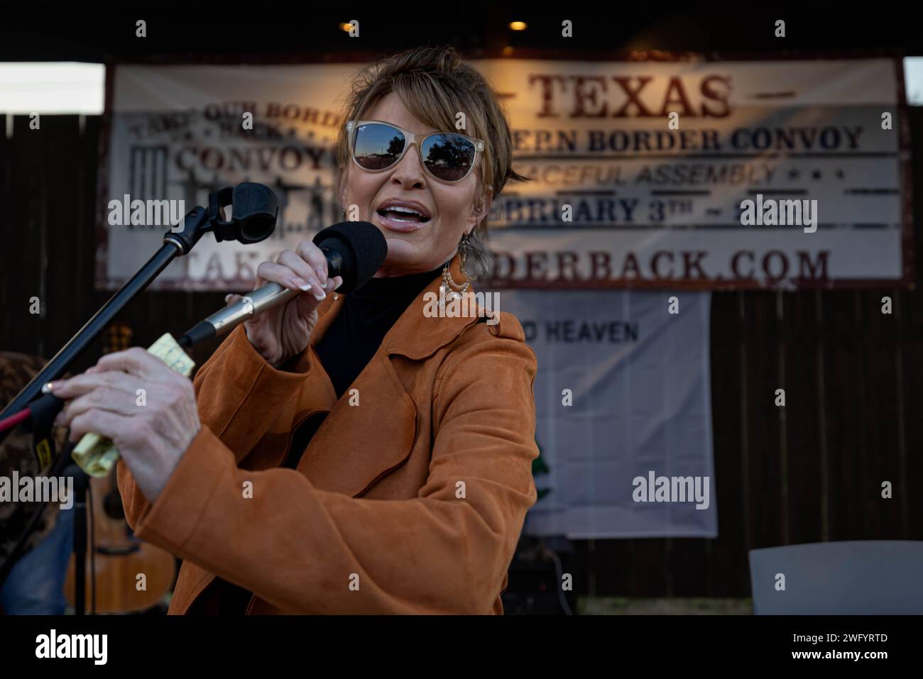DRIPPING SPRINGS, TEXAS - FEBRUARY 1: Former Governor of Alaska Sarah Palin speaks to the “Take Our Border Back” convoy during a rally at the One Shot Distillery & Brewery on February 1, 2024 in Dripping Springs, Texas. The convoy of 'patriots', who claim 'globalists' are conspiring to keep U.S. borders open to destroy the country, are heading to the U.S.-Mexico border as the standoff between Texas and the federal government intensifies. (Photo by Michael Nigro) Credit: Sipa USA/Alamy Live News Stock Photo