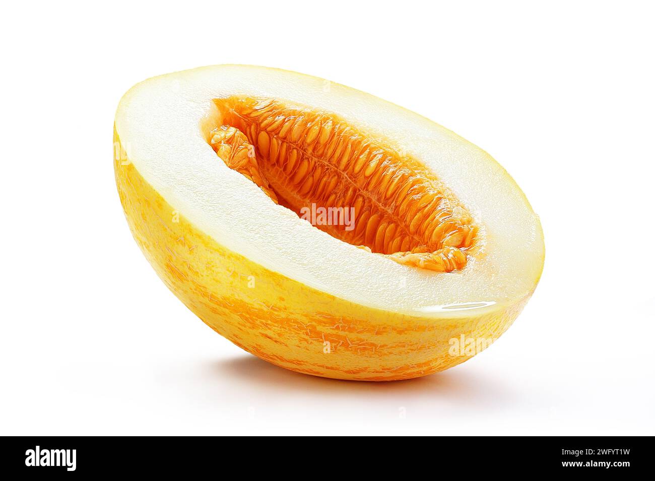 Yellow, sweet melon with slice isolated white background Stock Photo