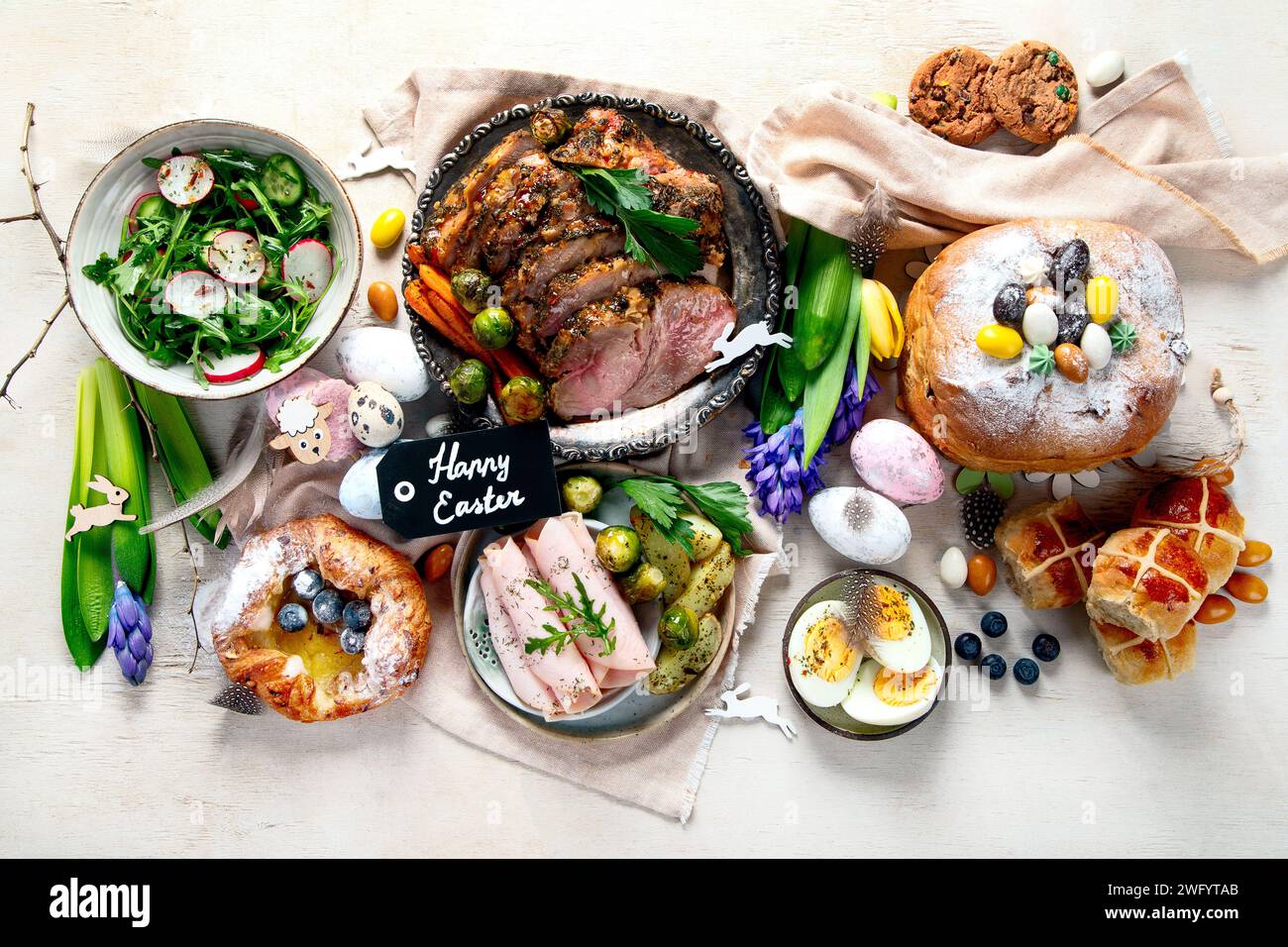 Easter dinner. Traditional food. Family spring event. Top view Stock Photo