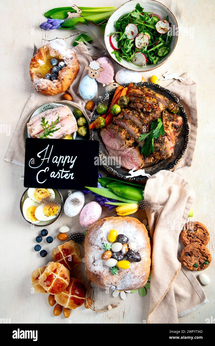 Easter dinner. Traditional food. Family spring event. Top view Stock Photo