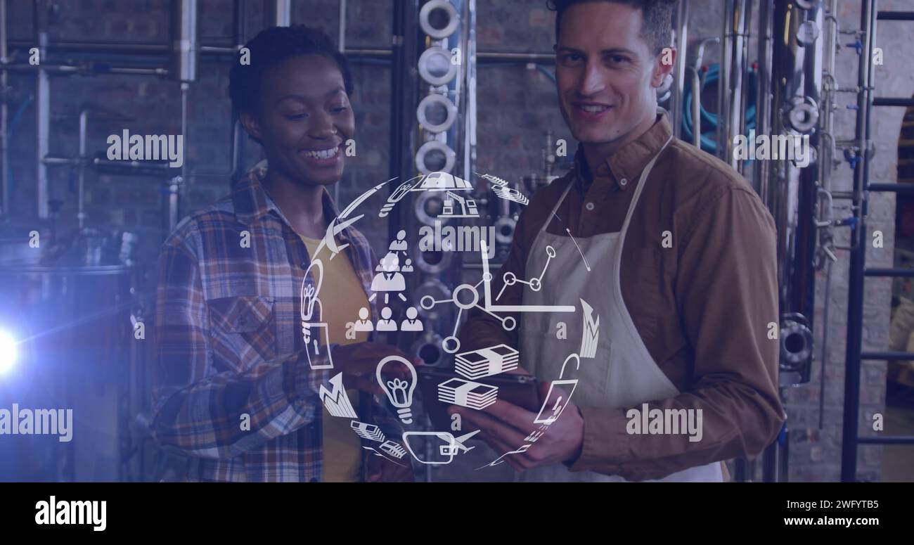Image of network of connections with icons over diverse people in ...