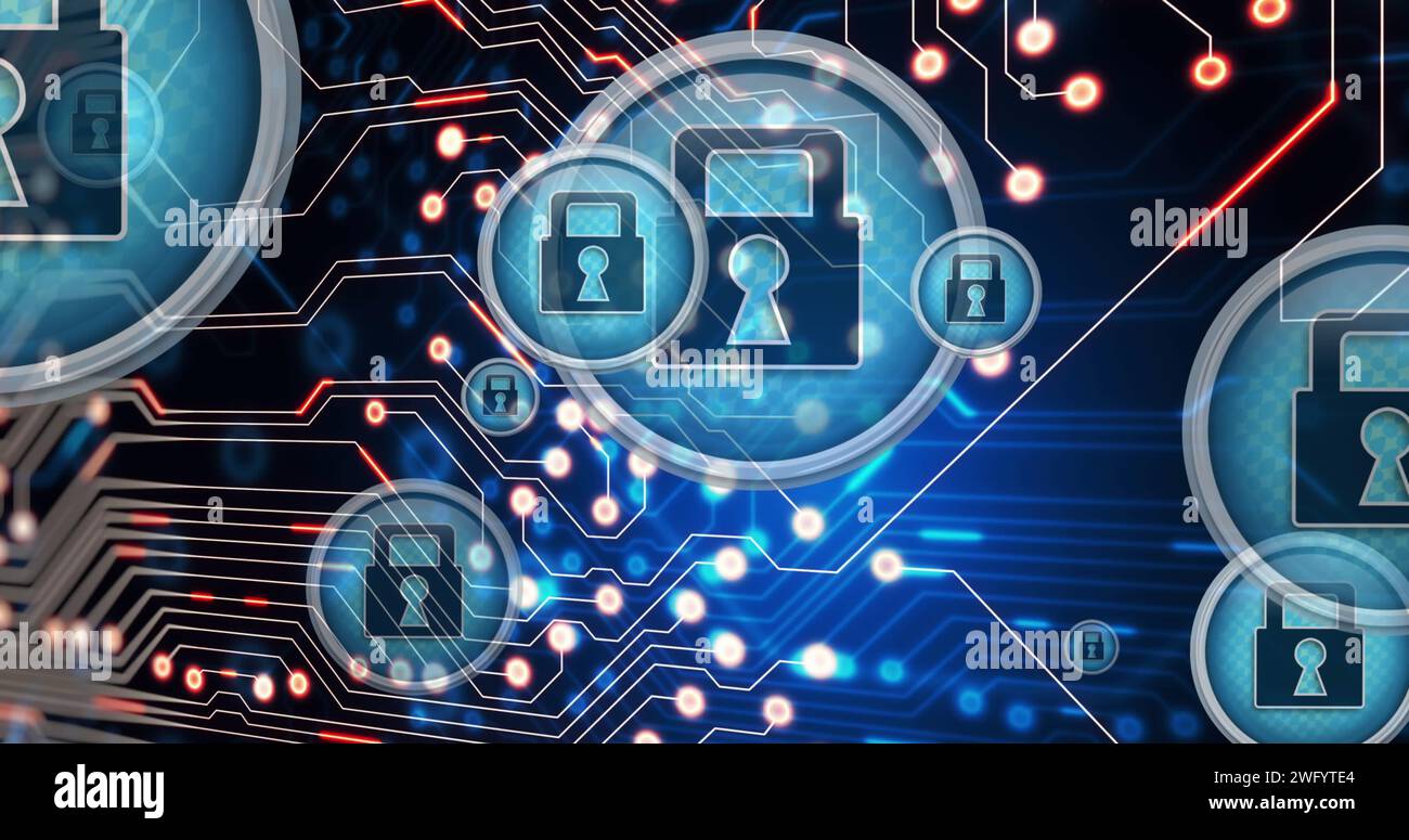 Image of data processing and padlocks over black background Stock Photo ...