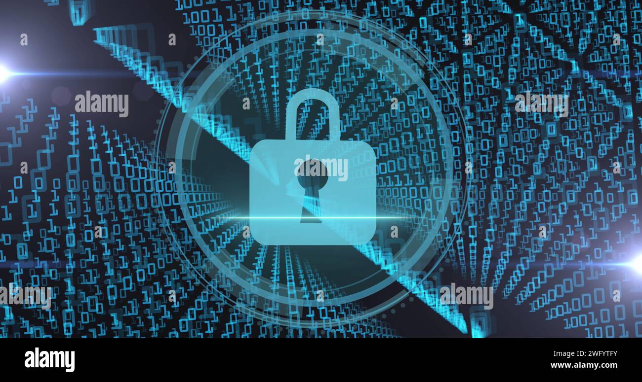 Image of data processing and padlock over black background Stock Photo ...